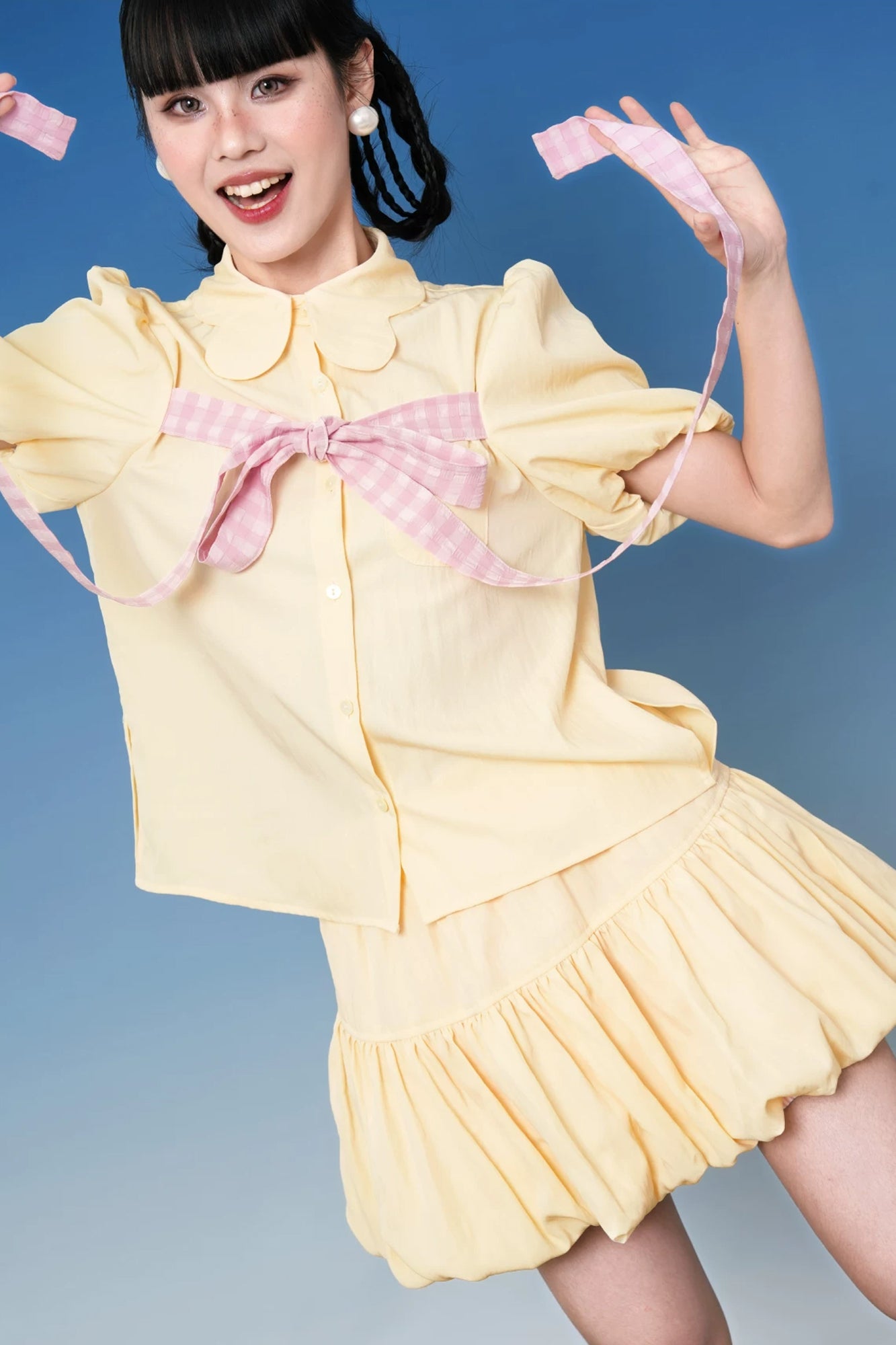NOPMOB Gingham Bow Half-Shirt & Bubble Hem Skort Set