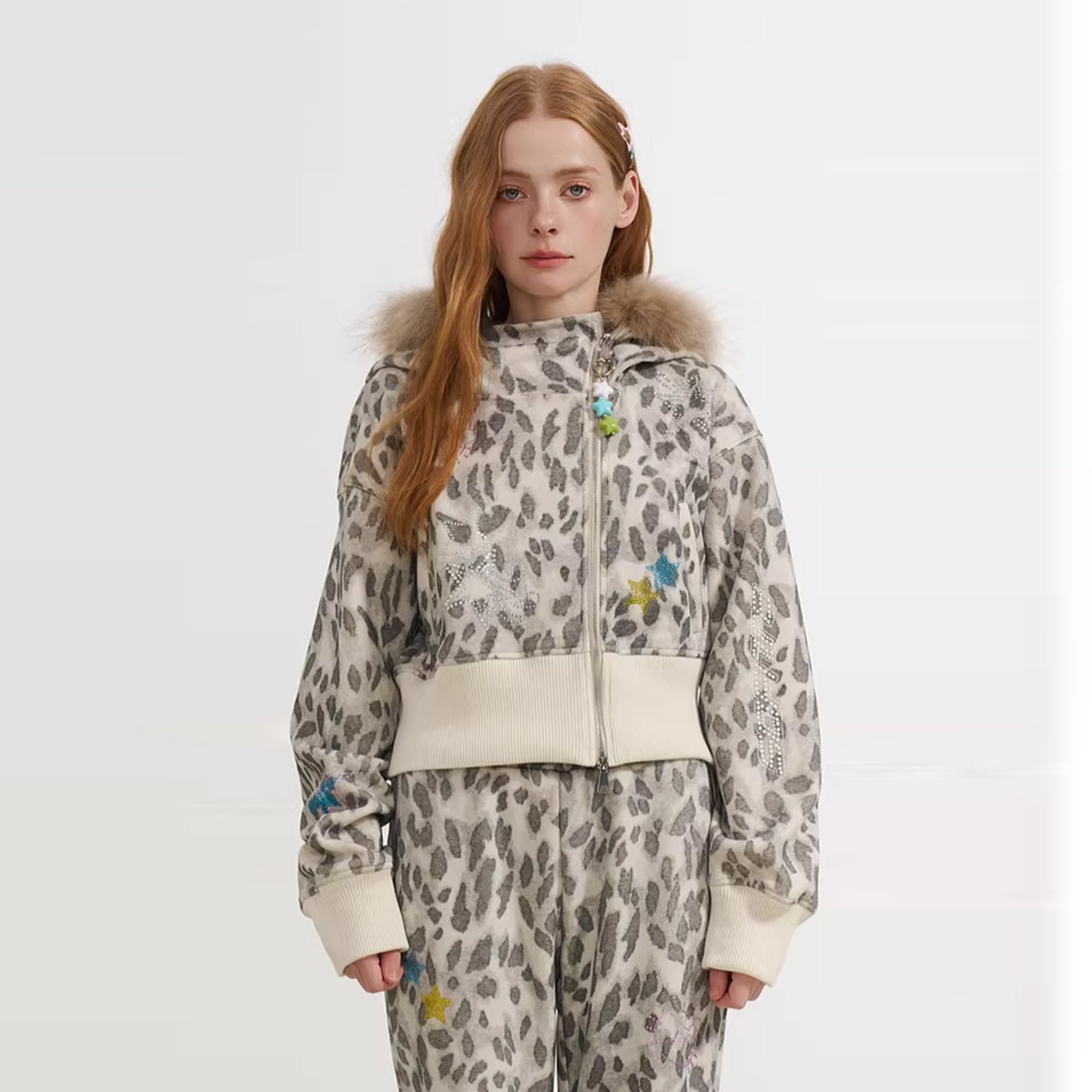 SOFITTE Leopard Diamond Faux-Fur Trim Cropped Jacket