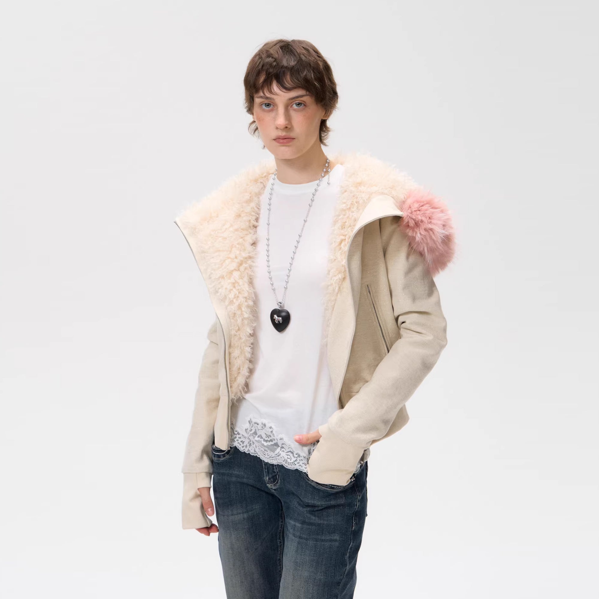 10AMSOTIIIIIIRED Sherpa-Lined Faux Fur Hooded Bomber Jacket