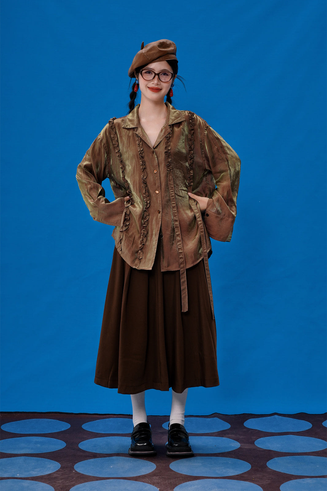 NOPMOB Satin Ruffled Iridescent Oversized Shirt