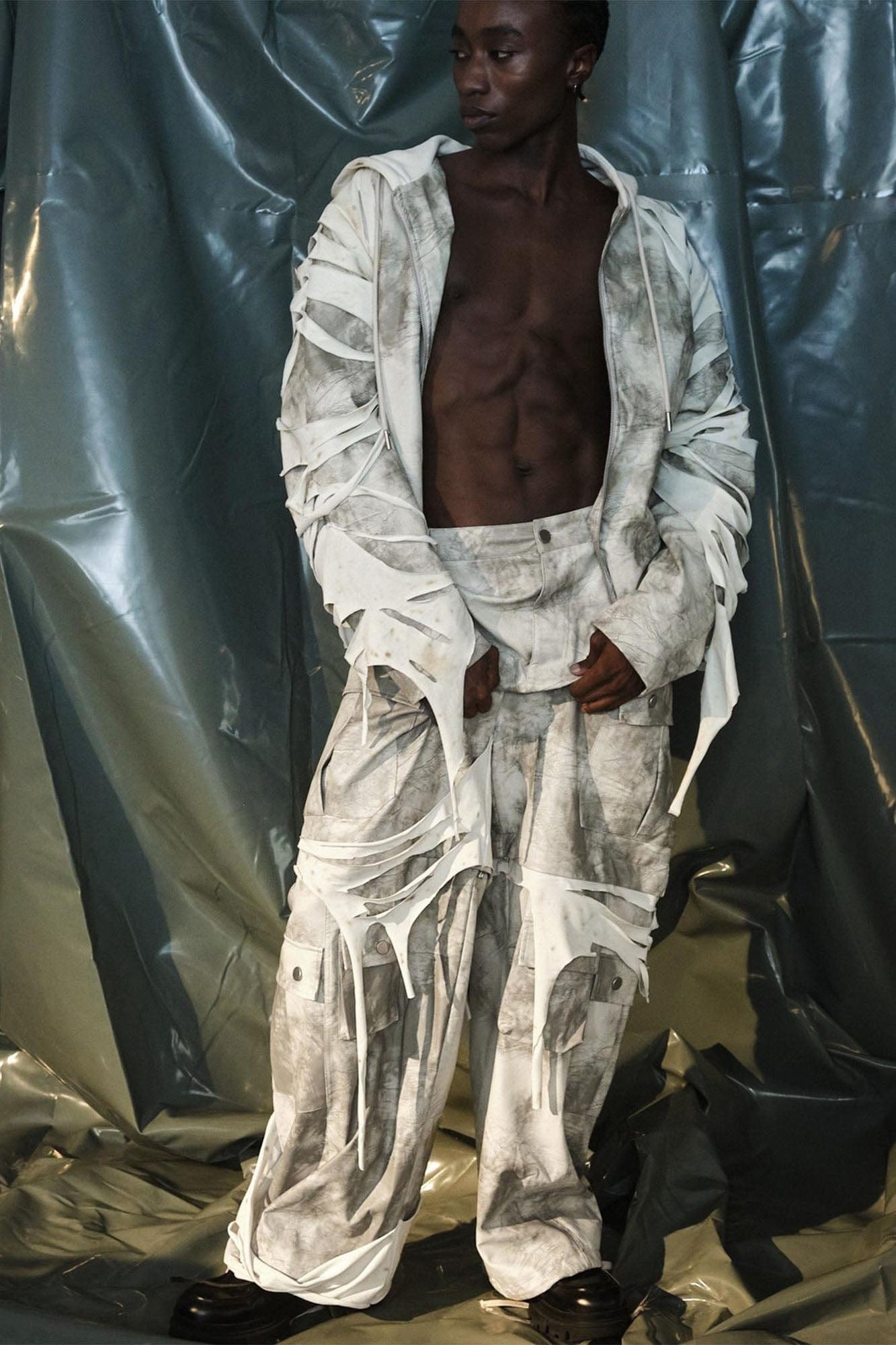 RECOVER ZONE Distressed Slashed PU Layered Hooded Jacket, premium urban and streetwear designers apparel on PROJECTISR.com, RECOVER ZONE