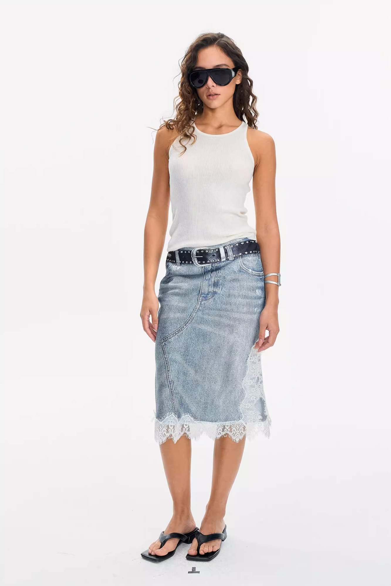 LEONSENSE Denim Full-Print Lace-Splice Slit Skirt