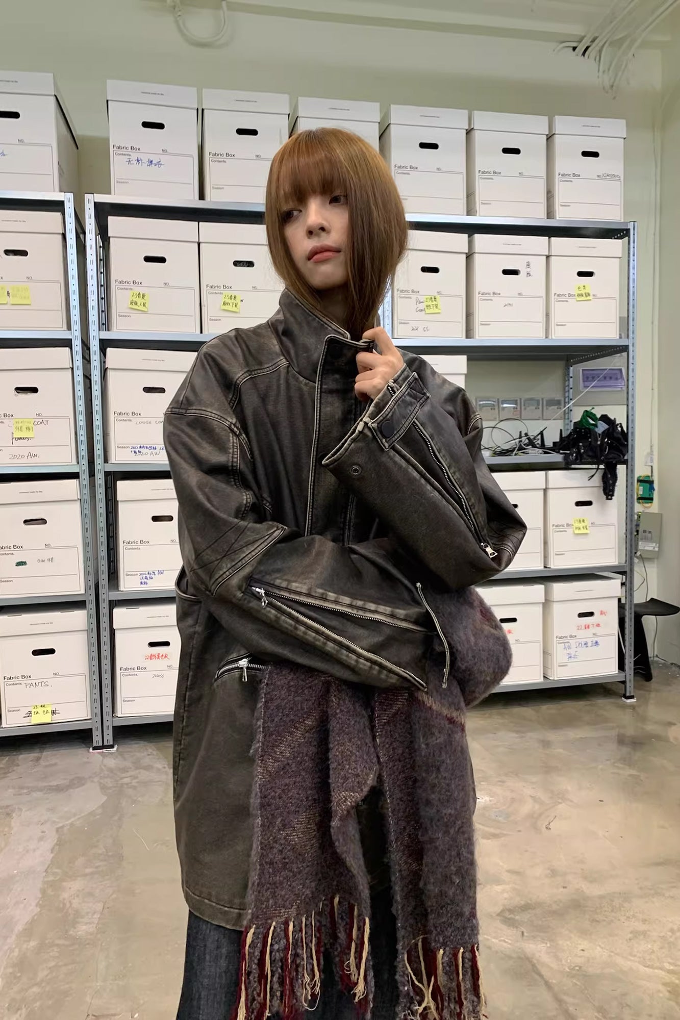 NEVERSEEZ Paneled Faux Leather Washed Utility Jacket
