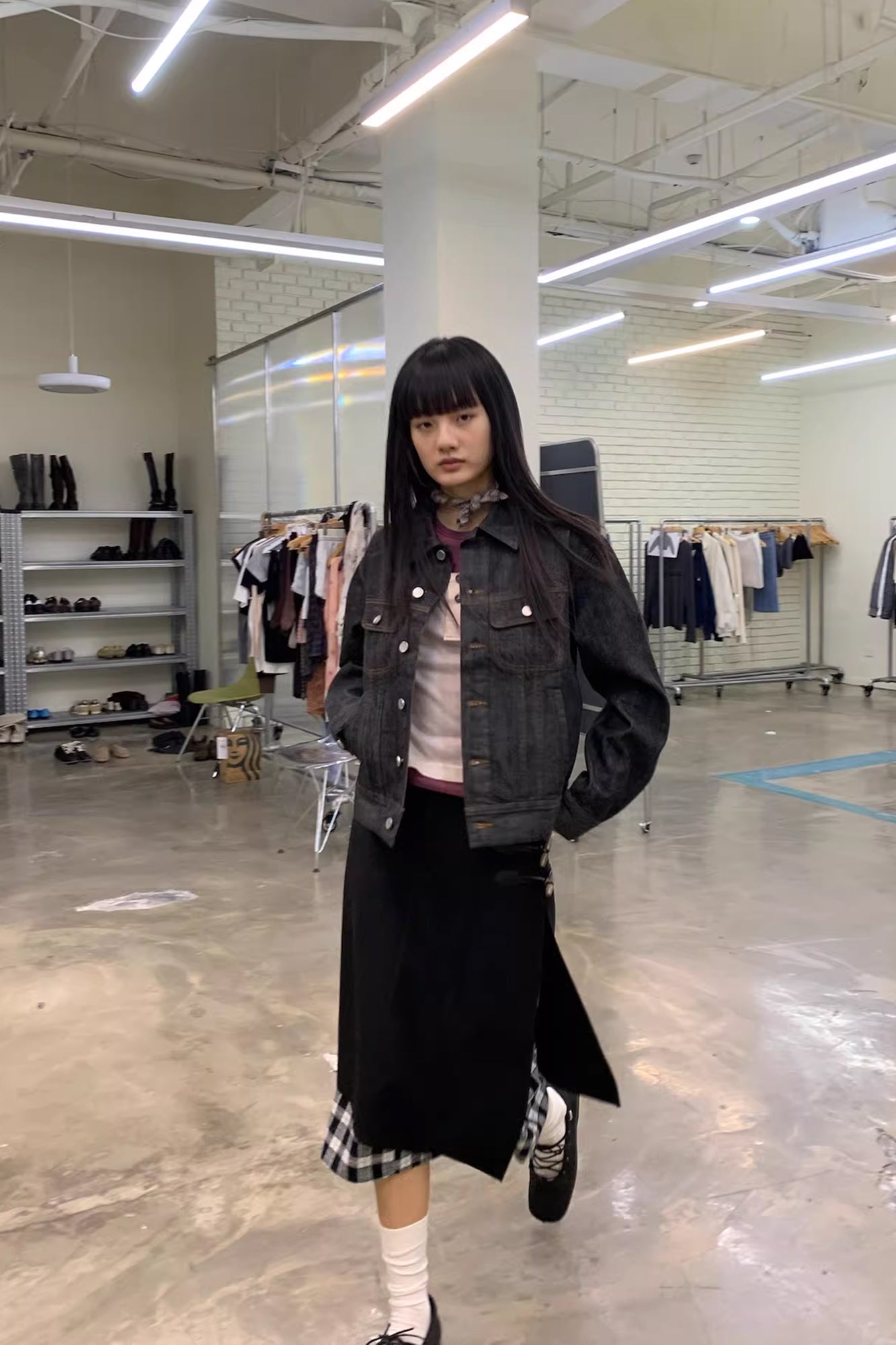 NEVERSEEZ Retro Waist-Tab Dark Denim Jacket