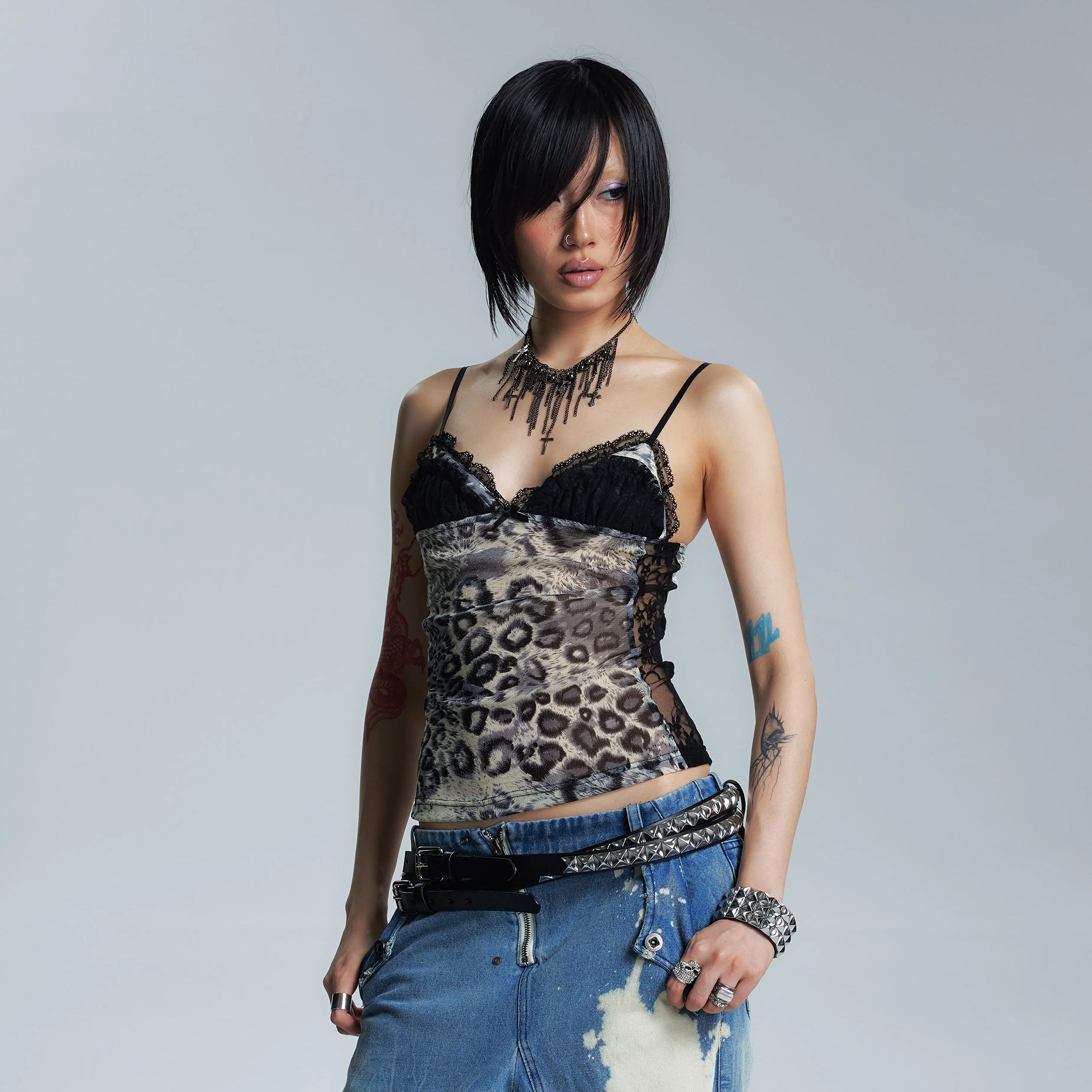 NONAME SPACE Leopard Lace-Trim Cami Top