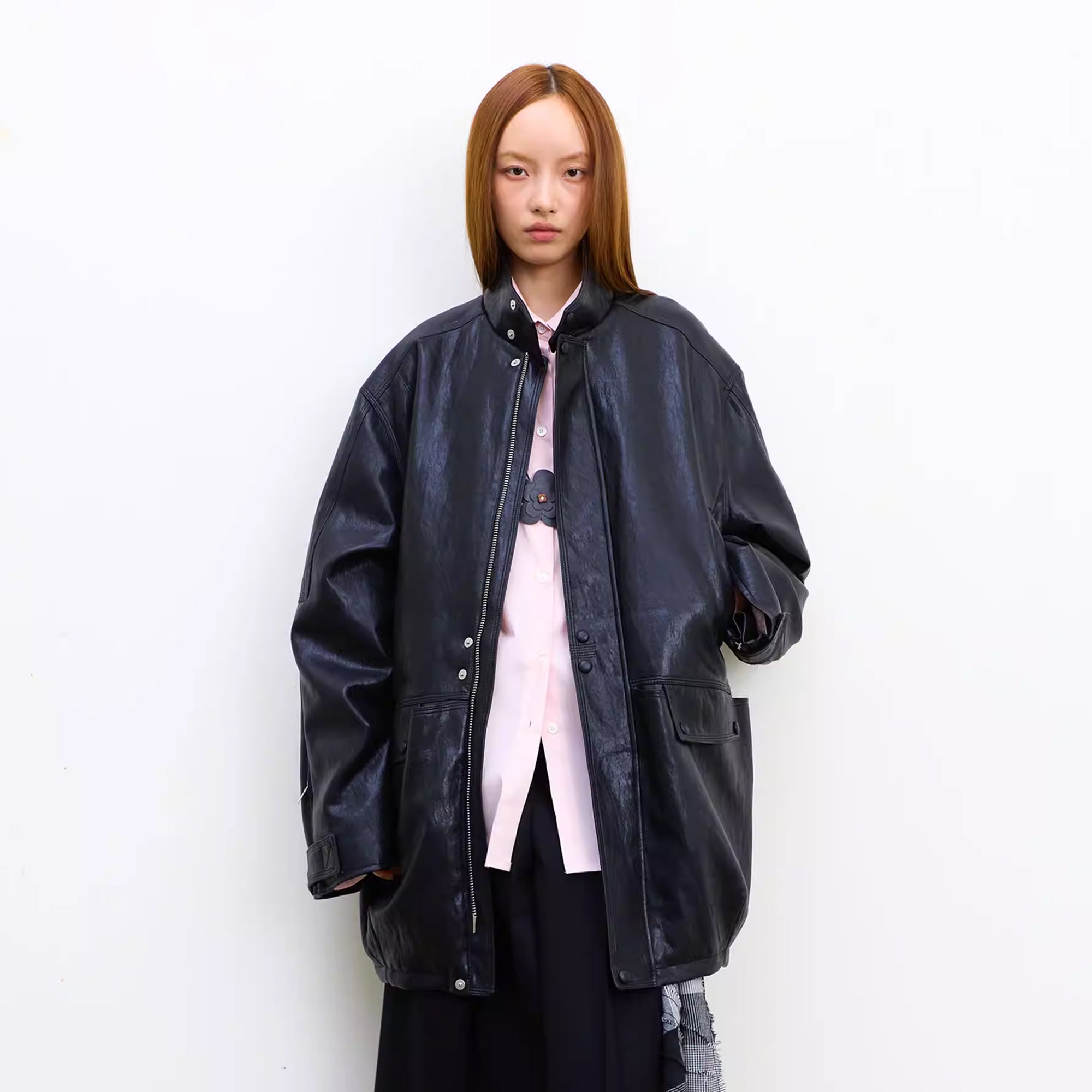 NEVERSEEZ Quilted Faux Leather Stand-Collar Utility Jacket