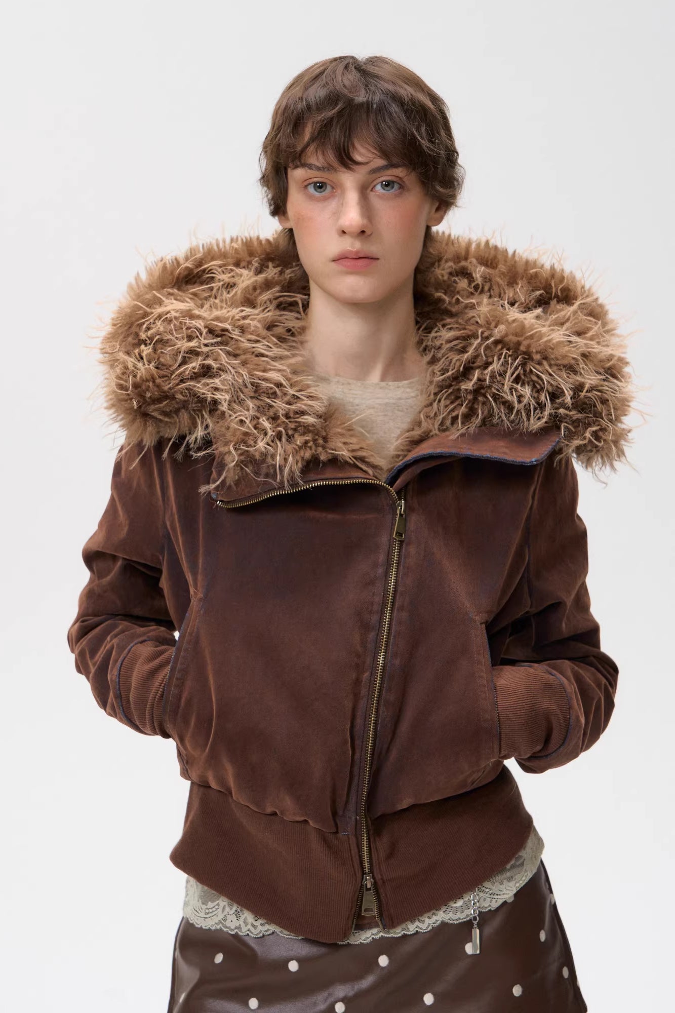 10AMSOTIIIIIIRED Sherpa-Lined Faux Fur Hooded Bomber Jacket