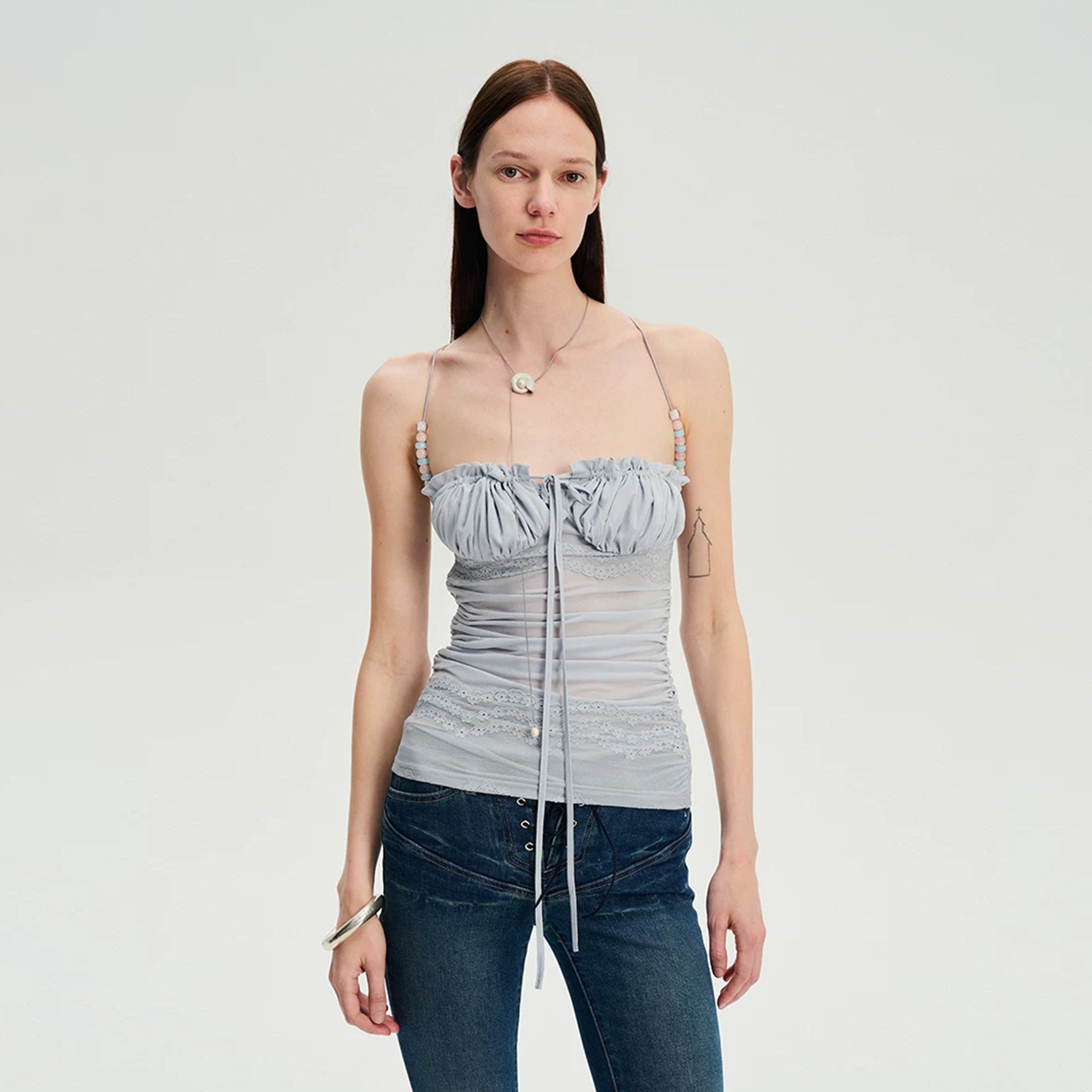 DOTYEARS Beaded Strap Lace Ruched Cami Top