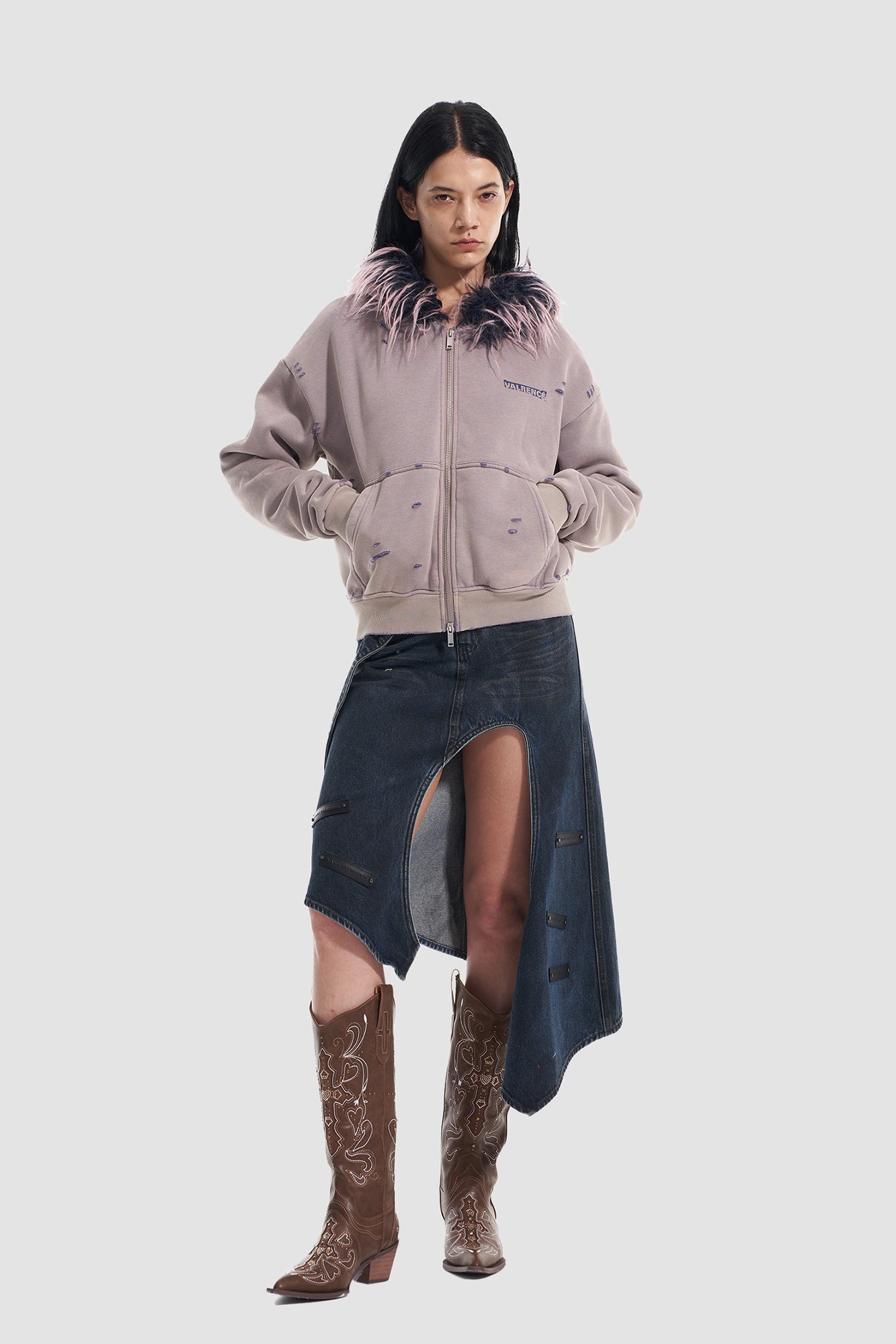 VANN VALRENCE Distressed Faux Fur Trim Zip Hoodie