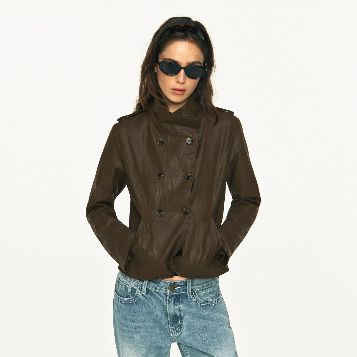 ANTENNA EFFECT Retro Double-Breasted Faux Leather Slim Jacket