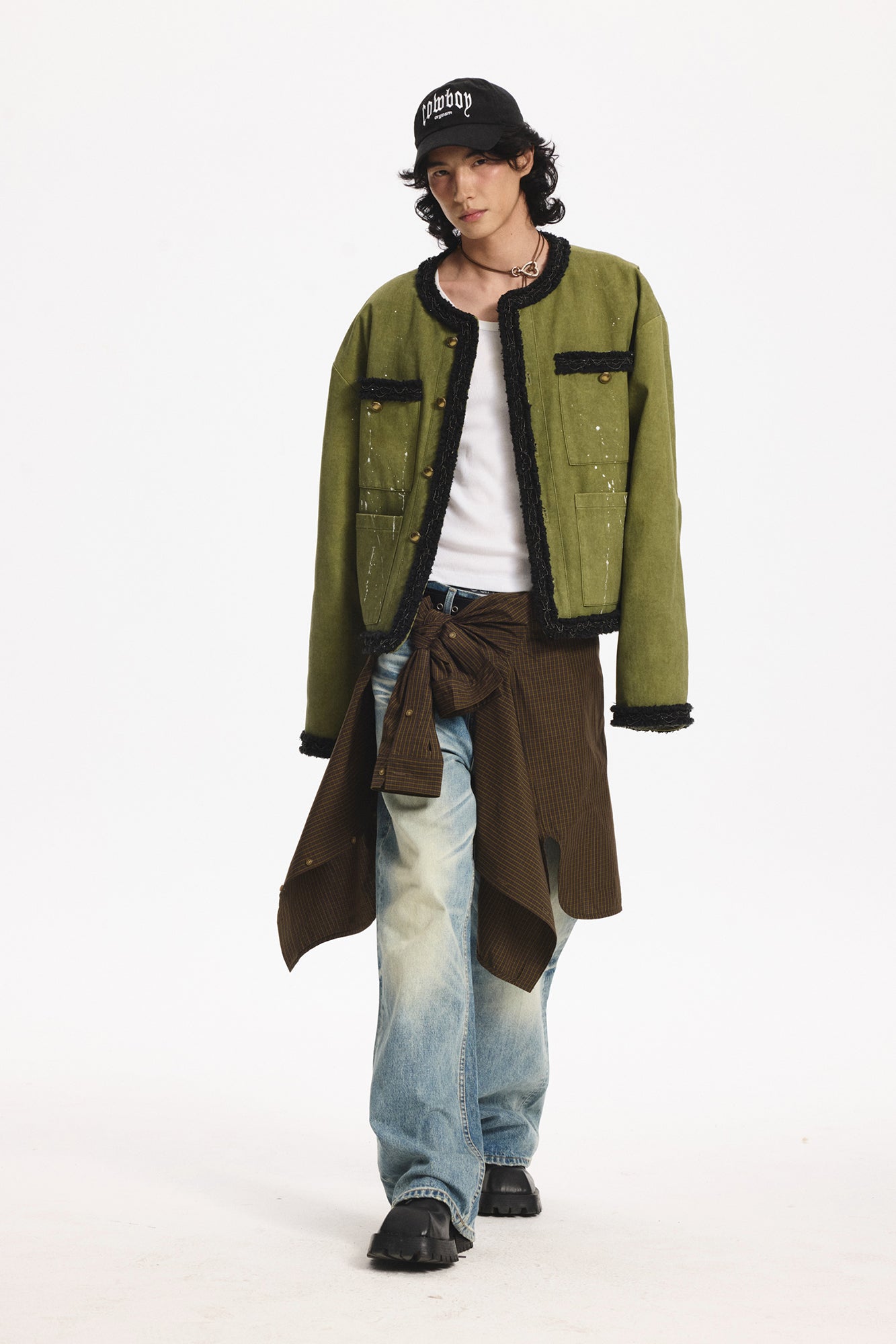 LEONSENSE Paneled Fleece Trim Paint-Splattered Jacket