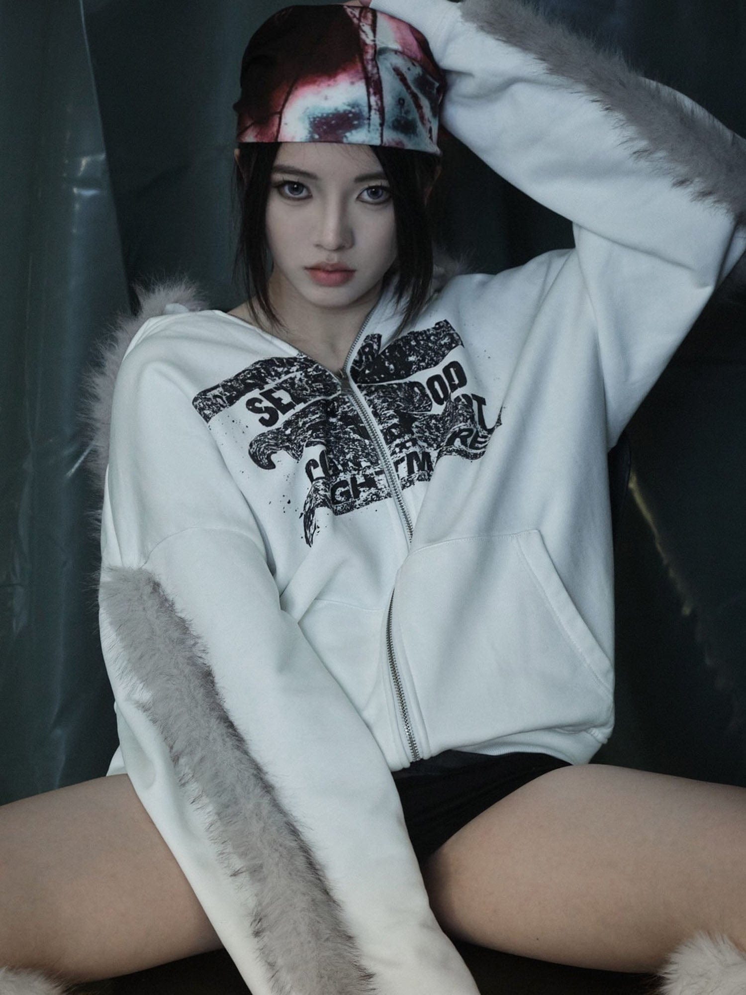 RECOVER ZONE Faux Fur Trim Graphic Zip-Up Hoodie, premium urban and streetwear designers apparel on PROJECTISR.com, RECOVER ZONE