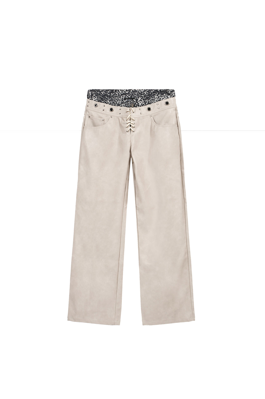 FULLTIDE Retro Spliced Leopard Faux Leather Wide-Leg Pants