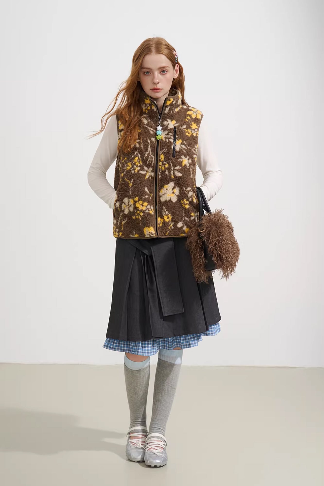 SOFITTE Retro Floral Faux-Shearling Mockneck Vest