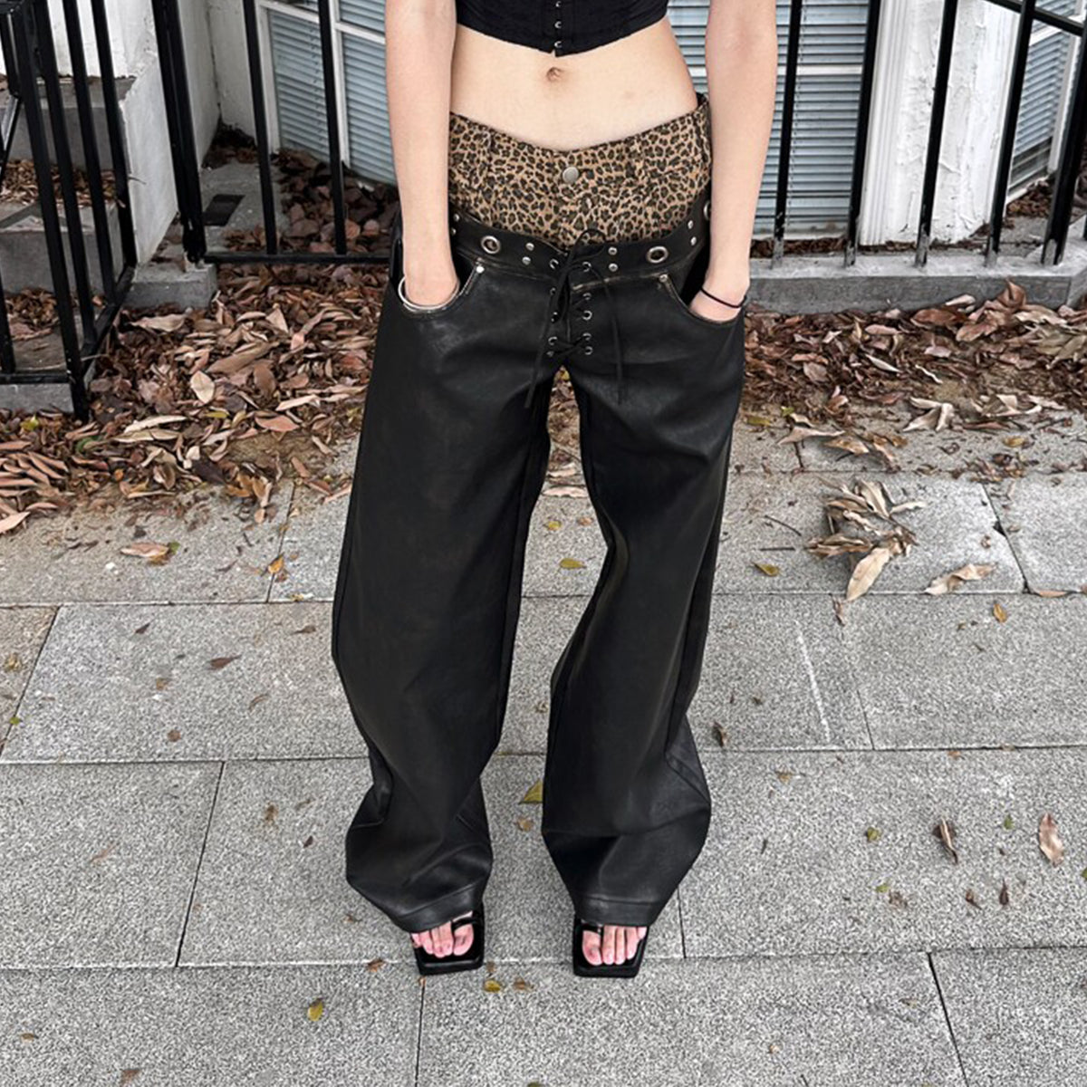 FULLTIDE Retro Spliced Leopard Faux Leather Wide-Leg Pants