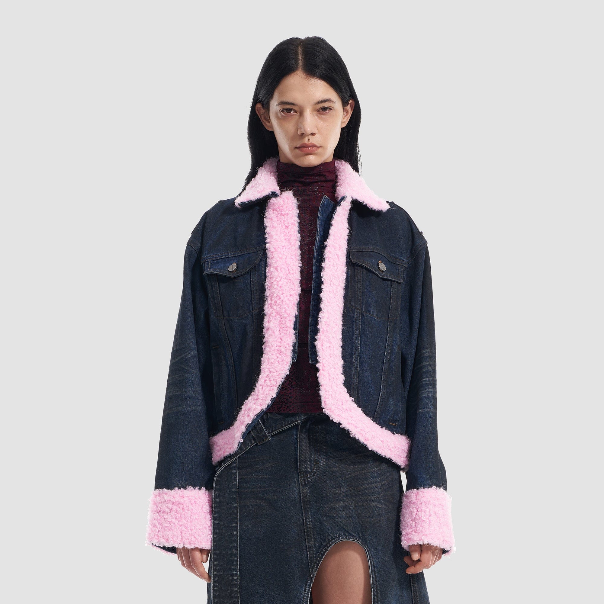 VANN VALRENCE Contrast Shearling-Lined Denim Jacket