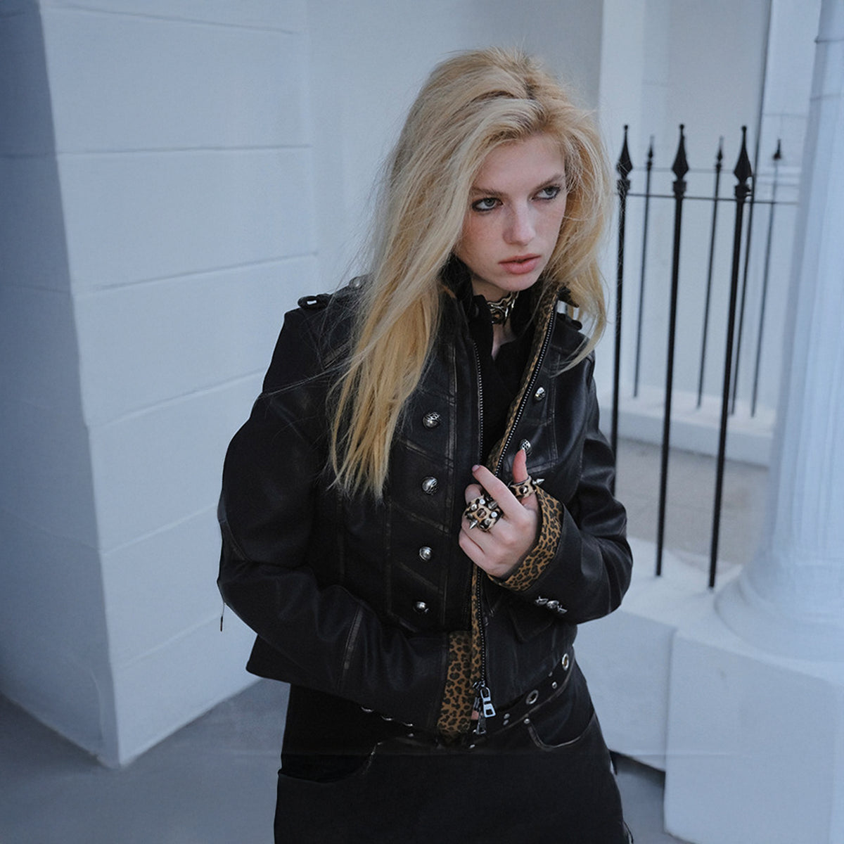 FULLTIDE Retro Spliced Leopard Faux Leather Jacket
