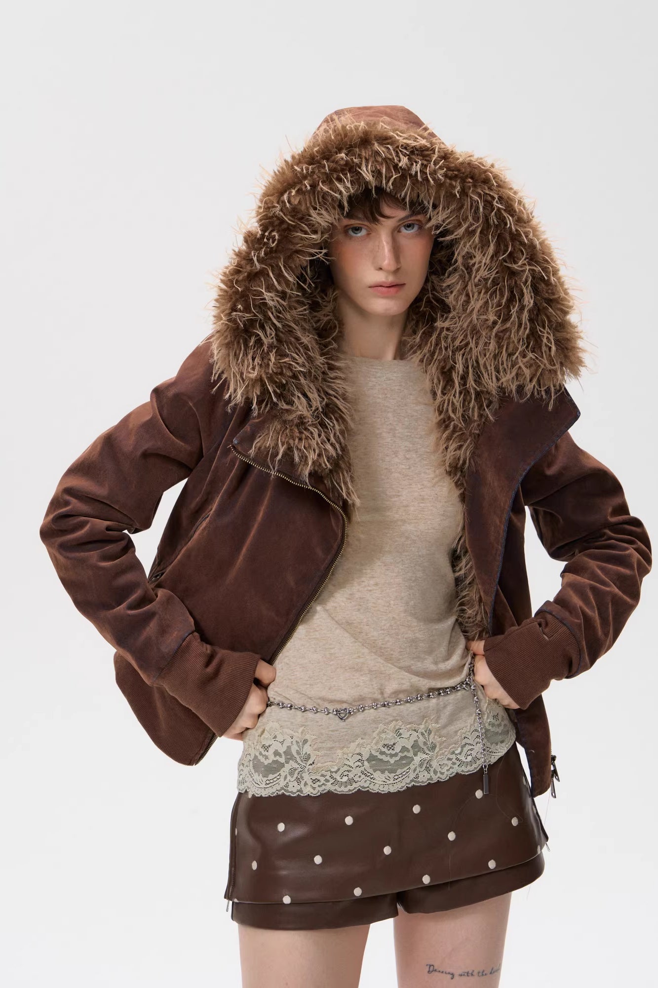 10AMSOTIIIIIIRED Sherpa-Lined Faux Fur Hooded Bomber Jacket
