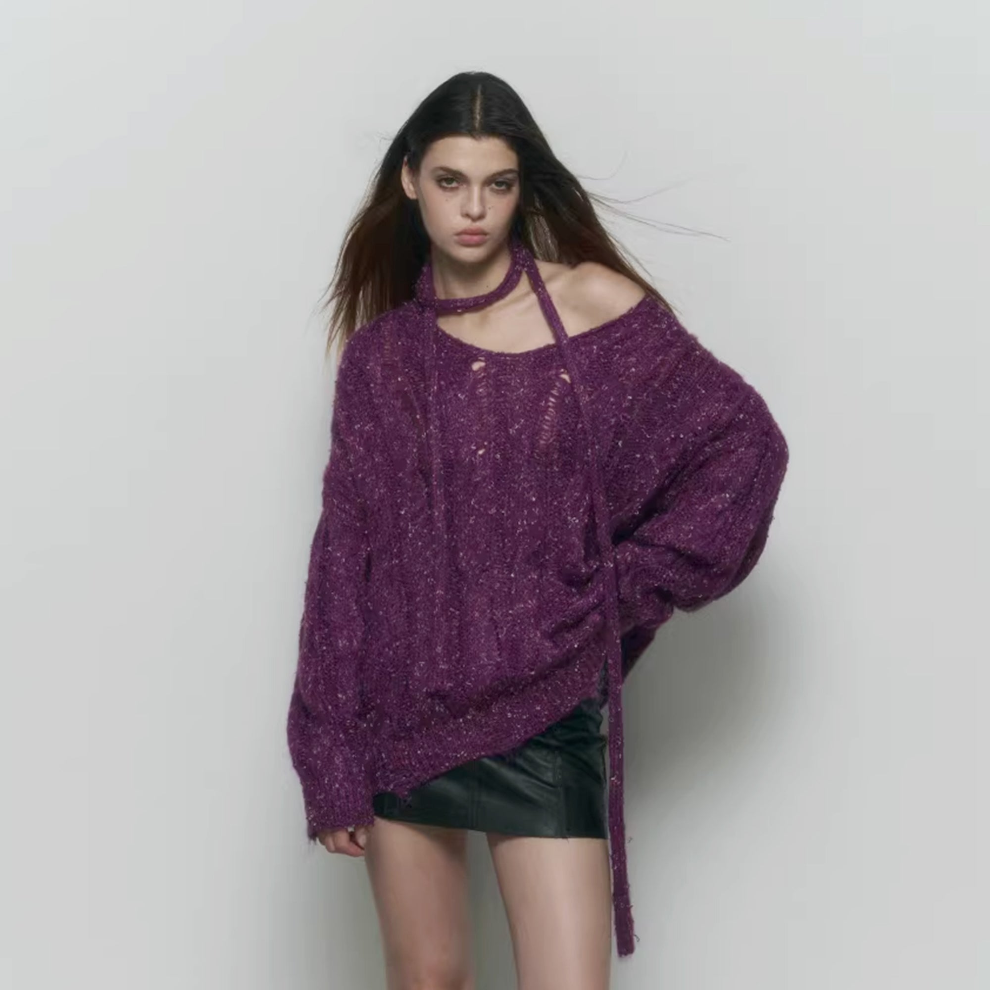 10AMSOTIIIIIIRED Distressed Sequin Open-Knit Sweater