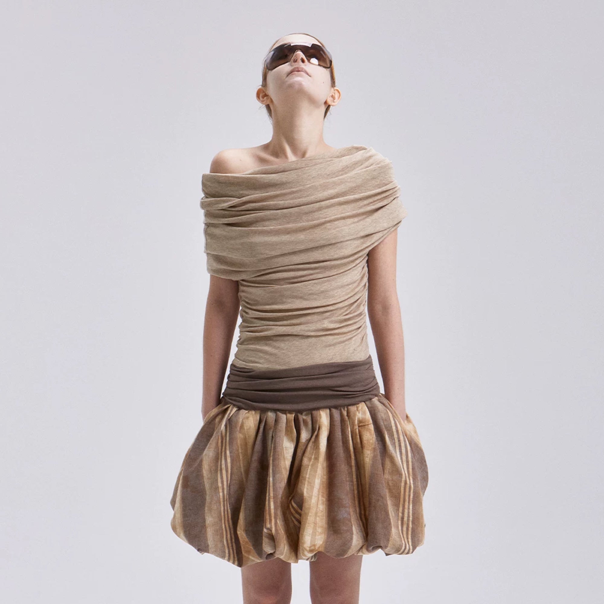 VERSION9 Off-Shoulder Ruched Bubble-Hem Mini Dress