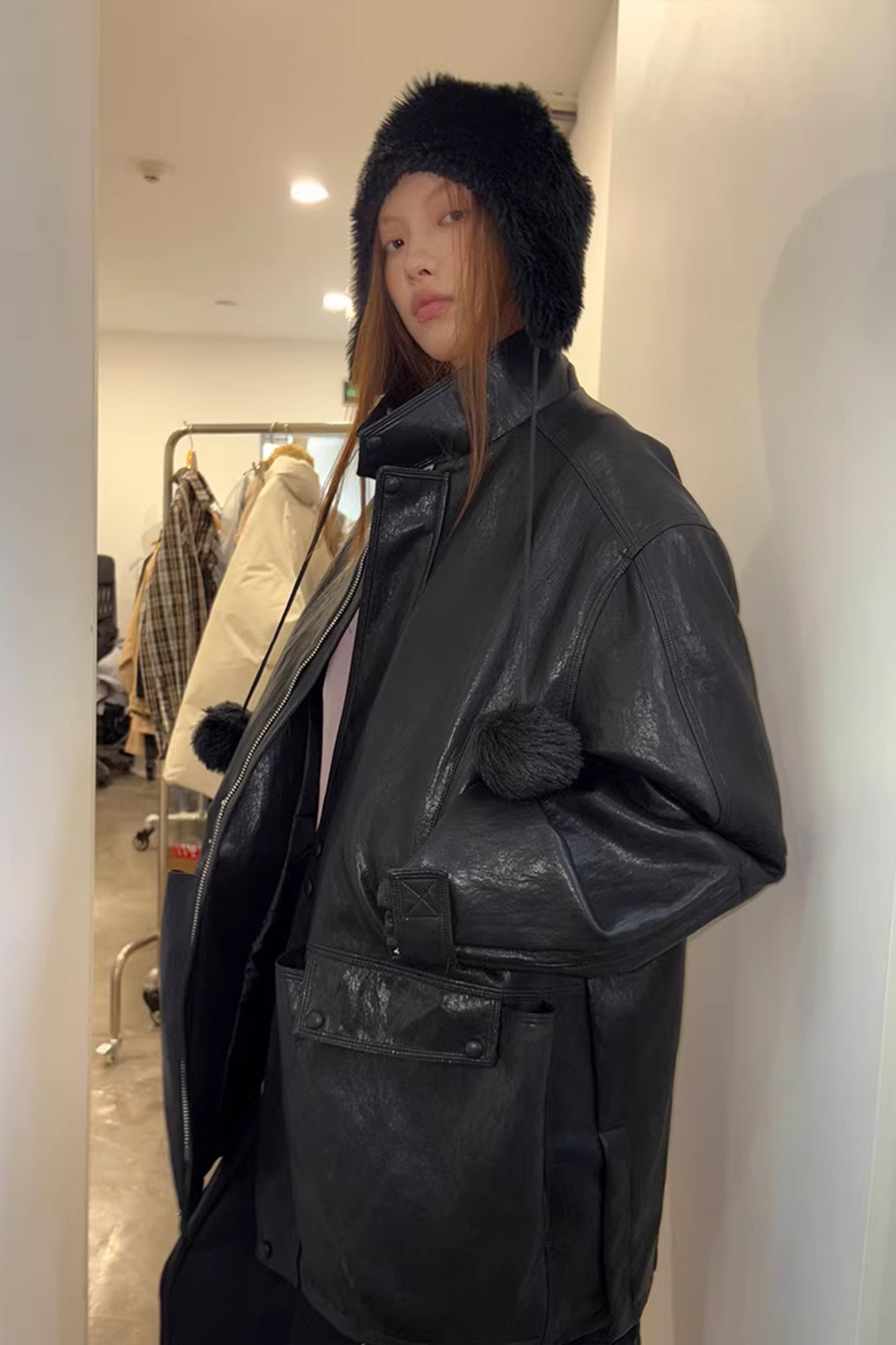 NEVERSEEZ Quilted Faux Leather Stand-Collar Utility Jacket