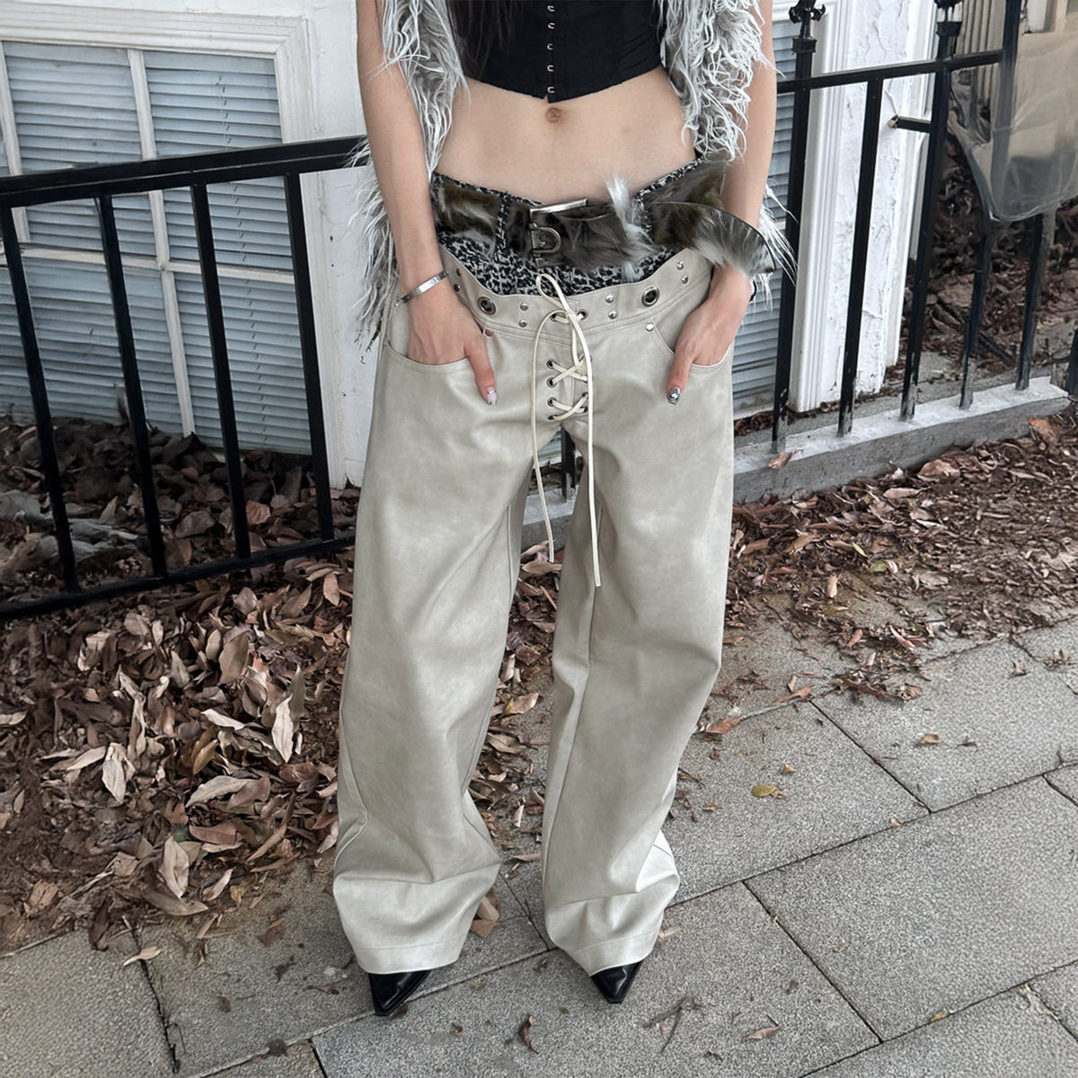 FULLTIDE Retro Spliced Leopard Faux Leather Wide-Leg Pants