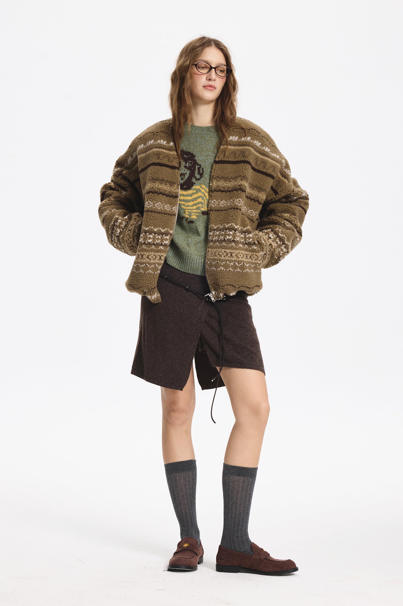 LEONSENSE Detachable Faux Fur Collar Fair Isle Jacket