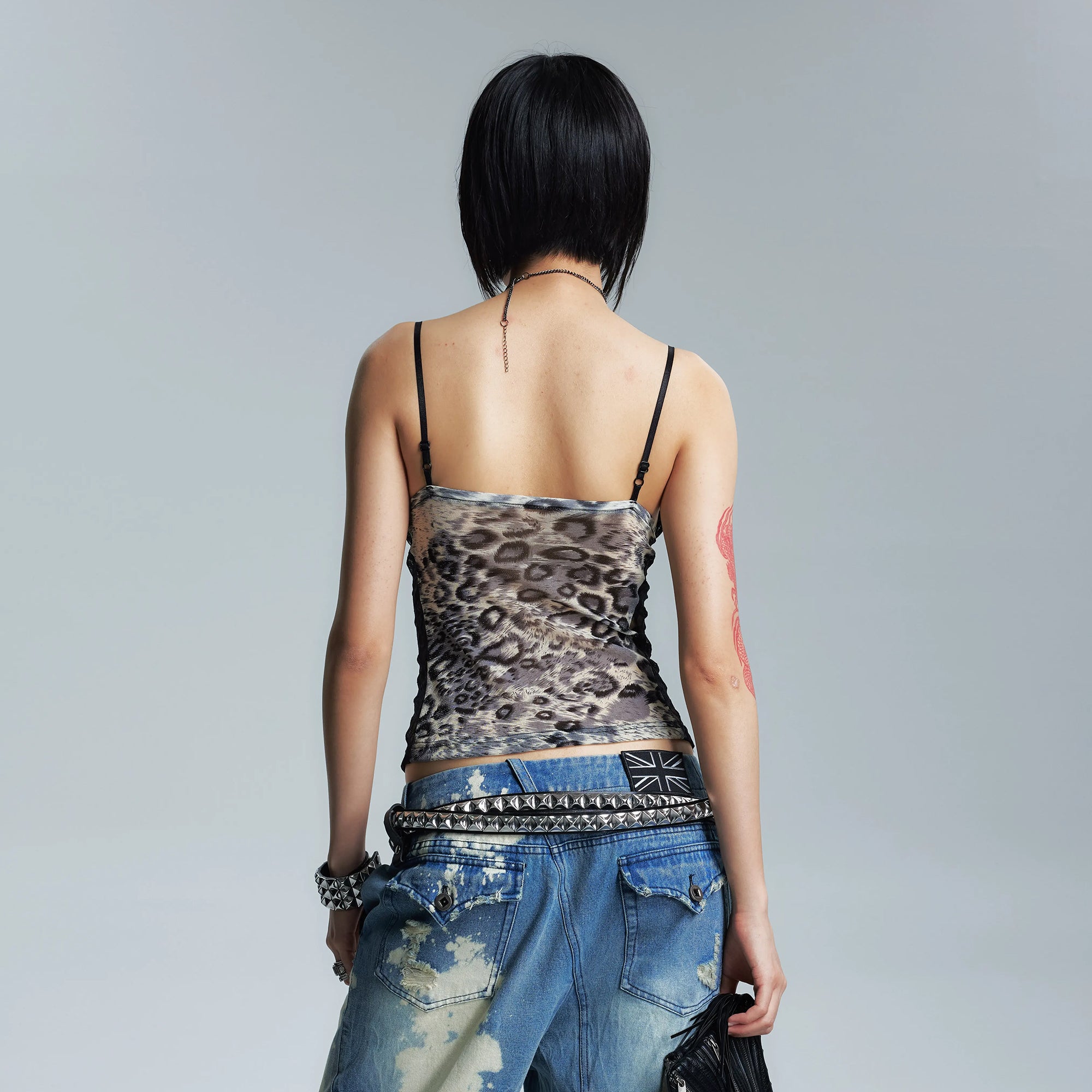 NONAME SPACE Leopard Lace-Trim Cami Top