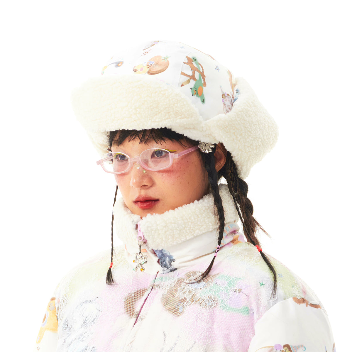 SILLYSIS Reversible Graphic Faux Sherpa Trapper Hat