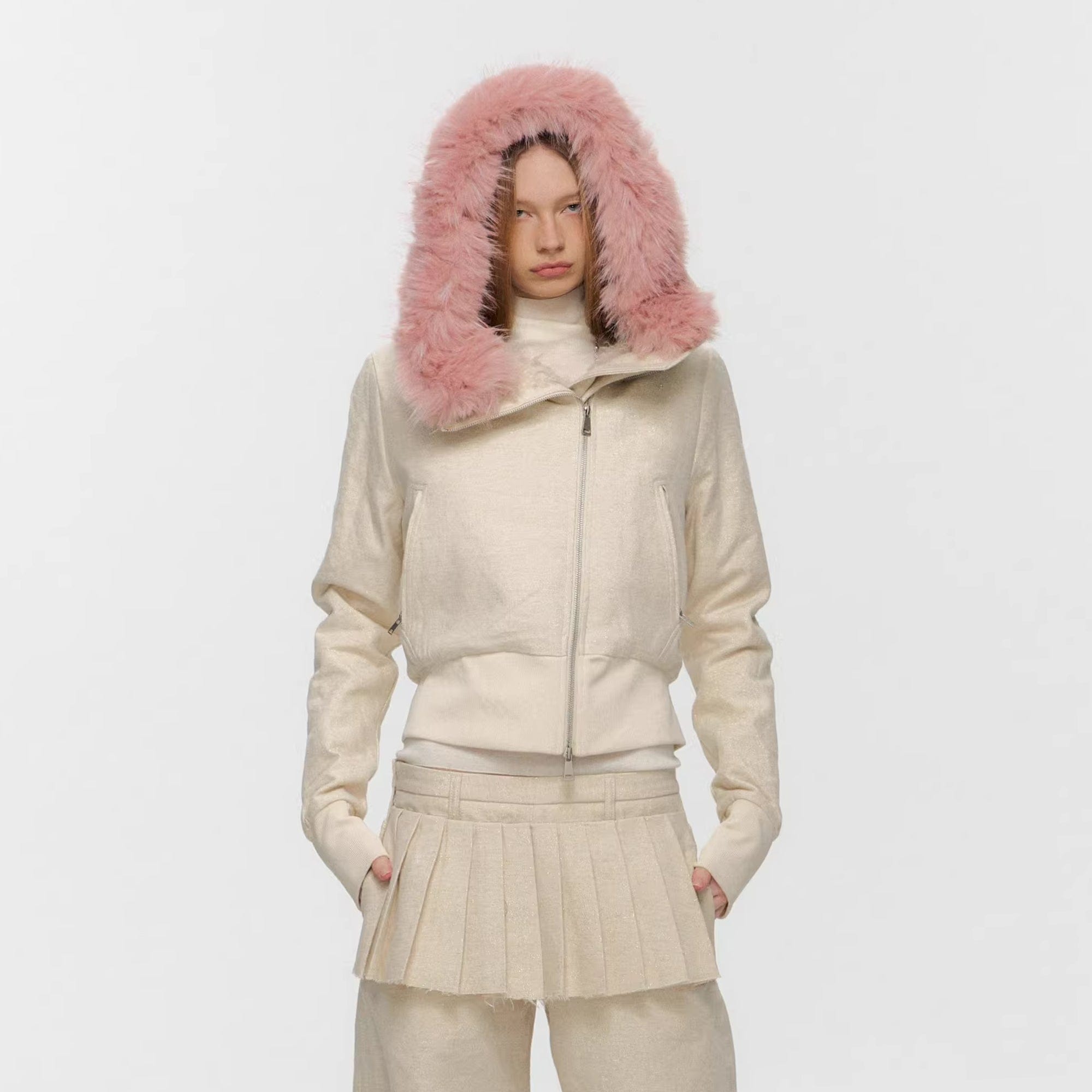 10AMSOTIIIIIIRED Sherpa-Lined Faux Fur Hooded Bomber Jacket