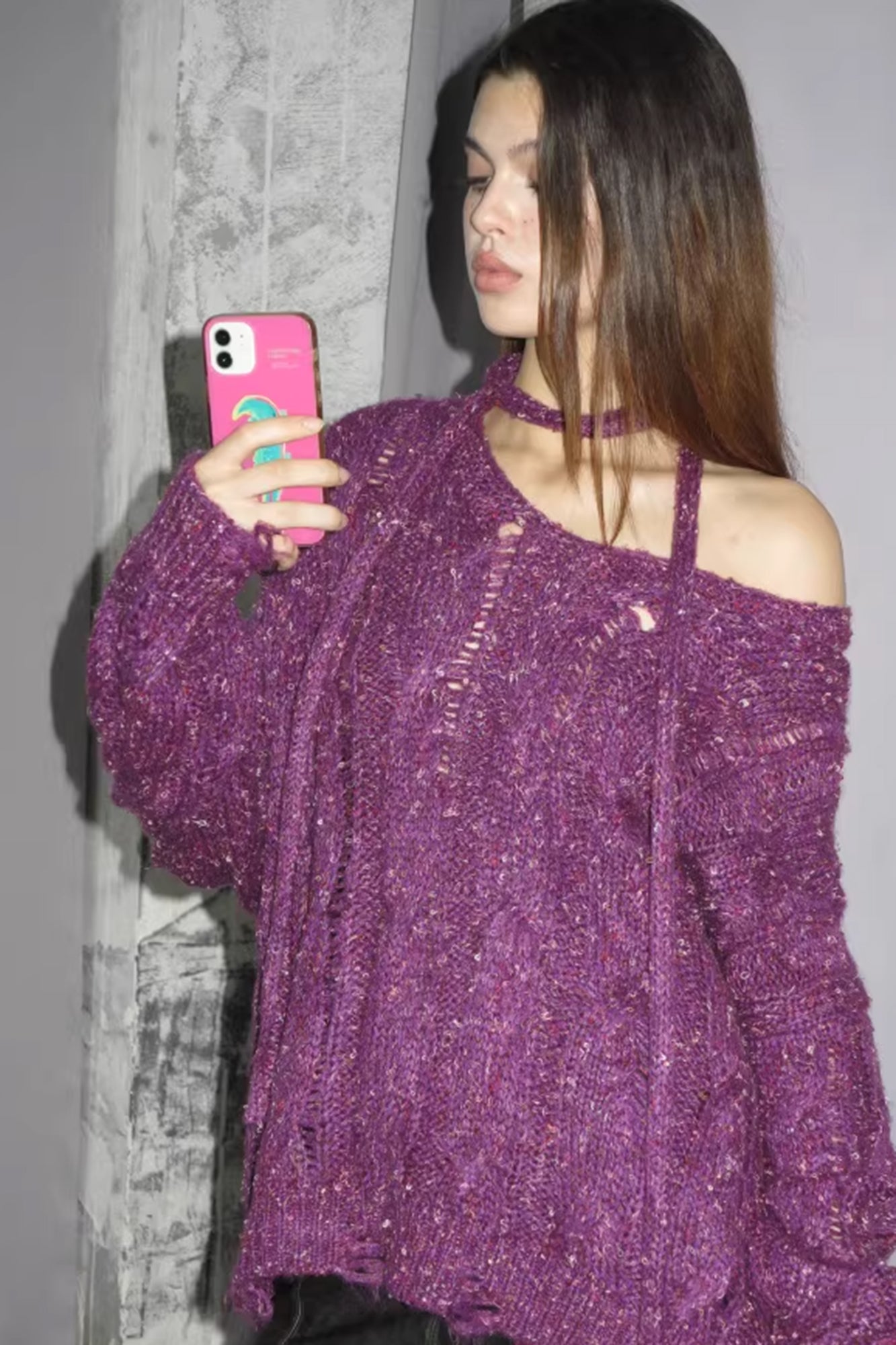 10AMSOTIIIIIIRED Distressed Sequin Open-Knit Sweater