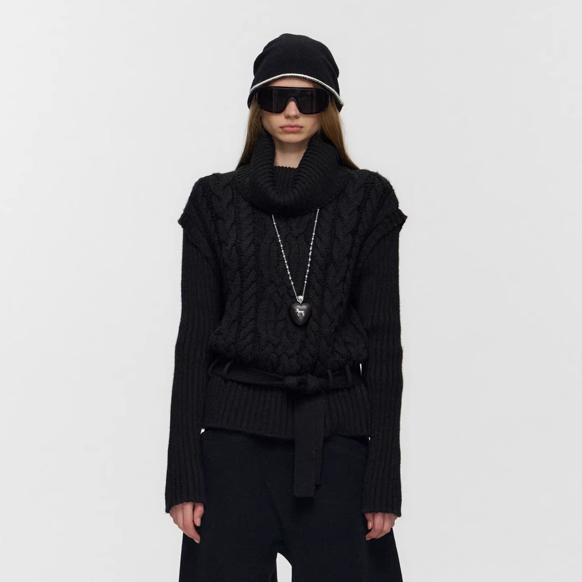 10AMSOTIIIIIIRED Spliced Cable-Knit Wool-Blend Belted Sweater