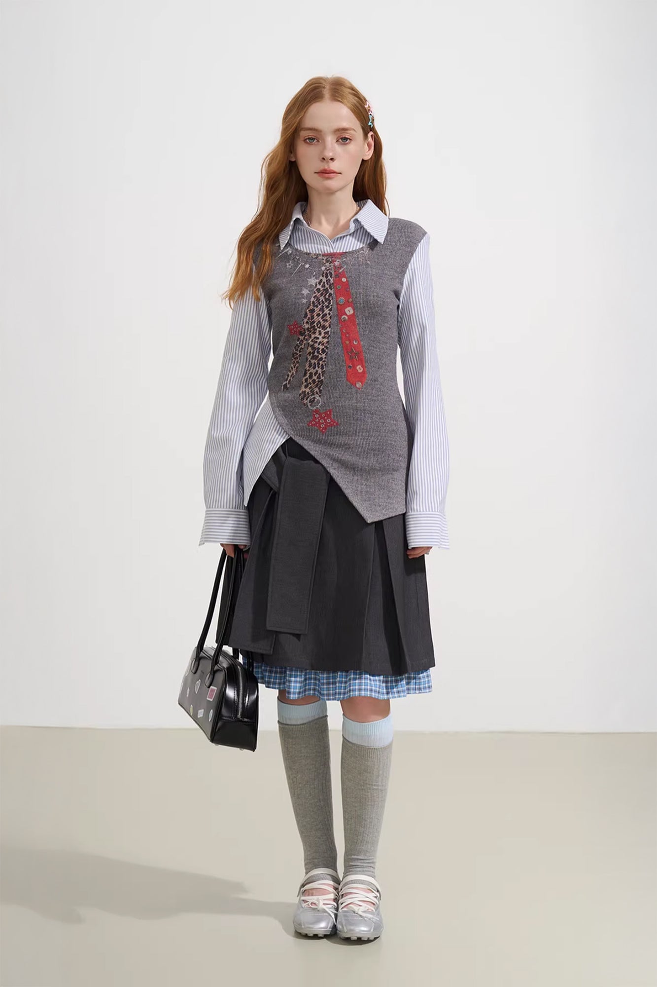 SOFITTE Asymmetric Faux-Layer Tie Graphic Knit Vest Shirt