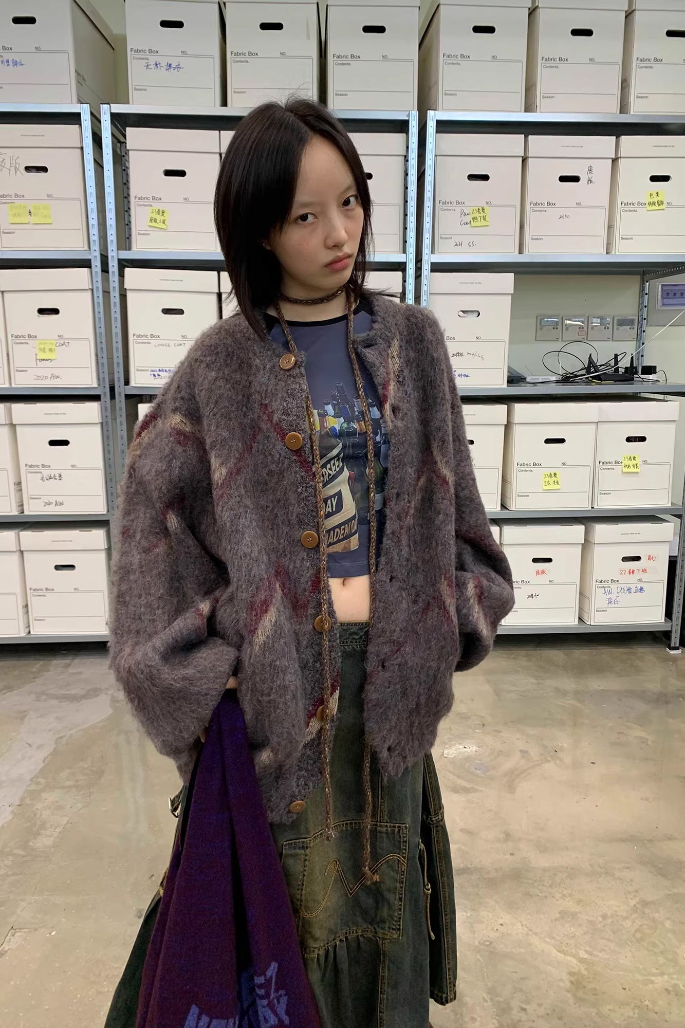 NEVERSEEZ Brushed Zigzag Button Cardigan