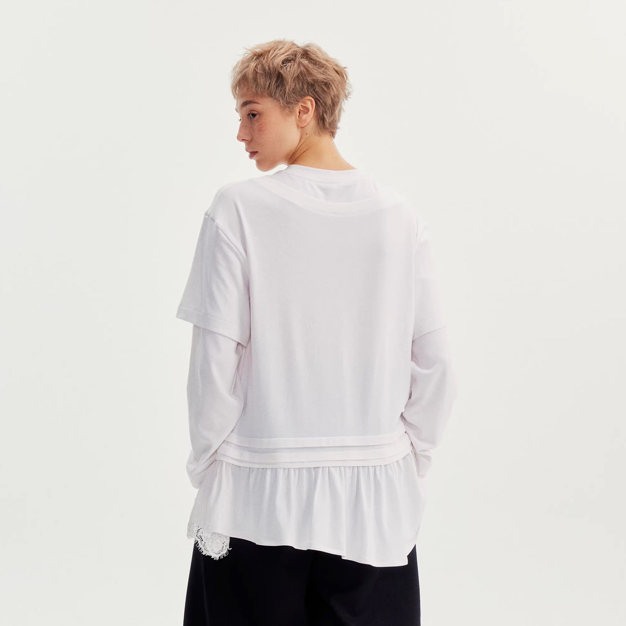 WII WIL Faux-Layer Lace-Hem Long-Sleeve Tee