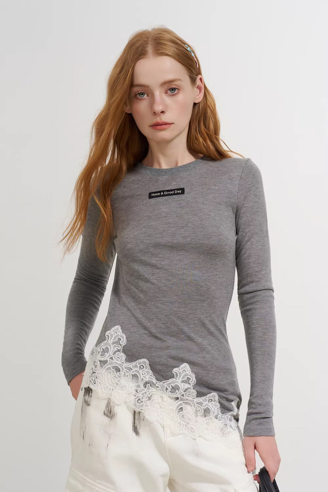 SOFITTE Asymmetric Lace-Hem Slim Long-Sleeve Tee