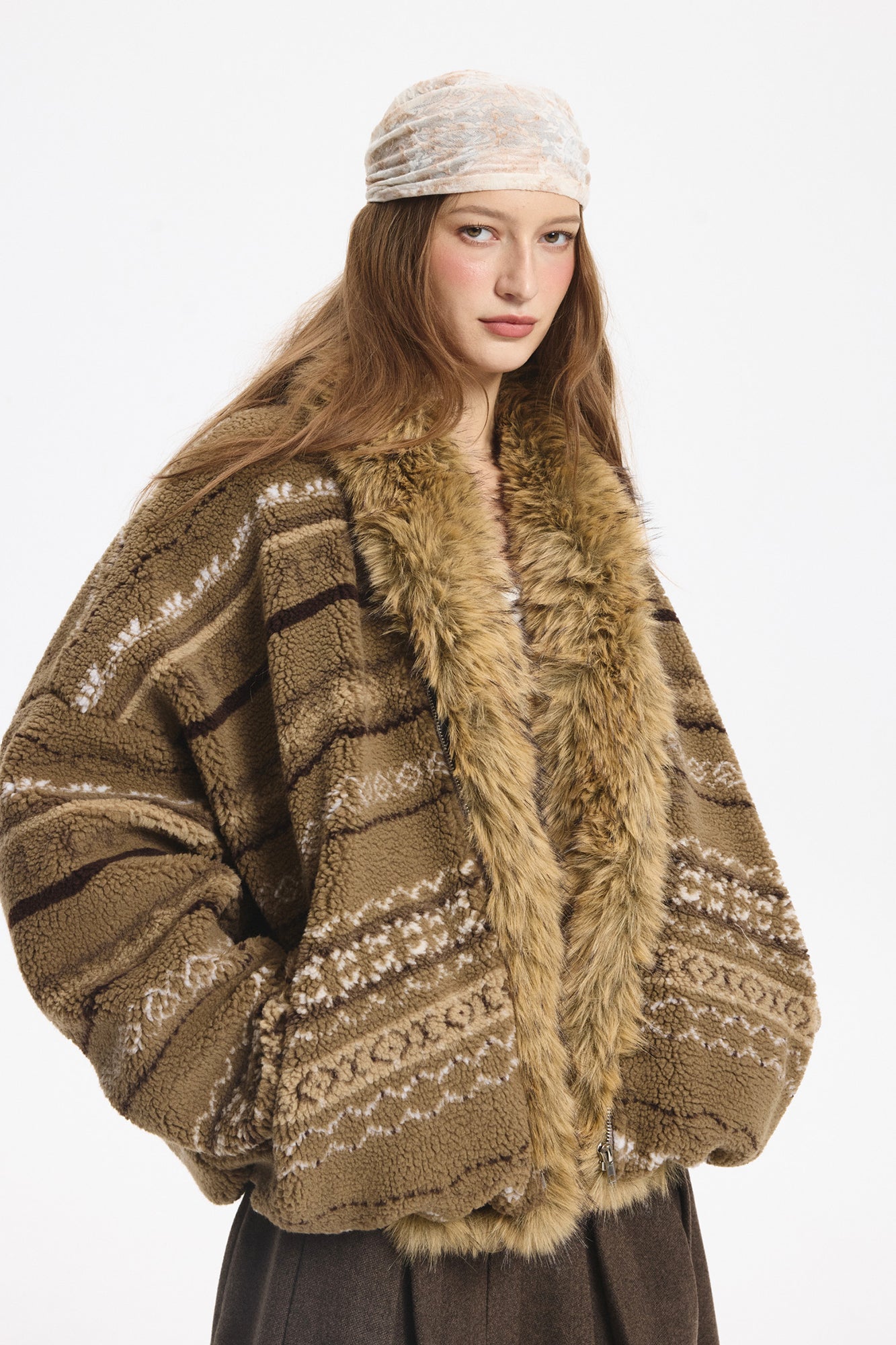 LEONSENSE Detachable Faux Fur Collar Fair Isle Jacket