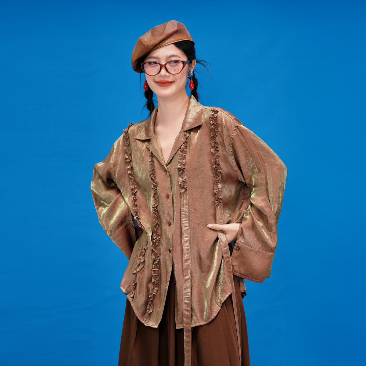 NOPMOB Satin Ruffled Iridescent Oversized Shirt