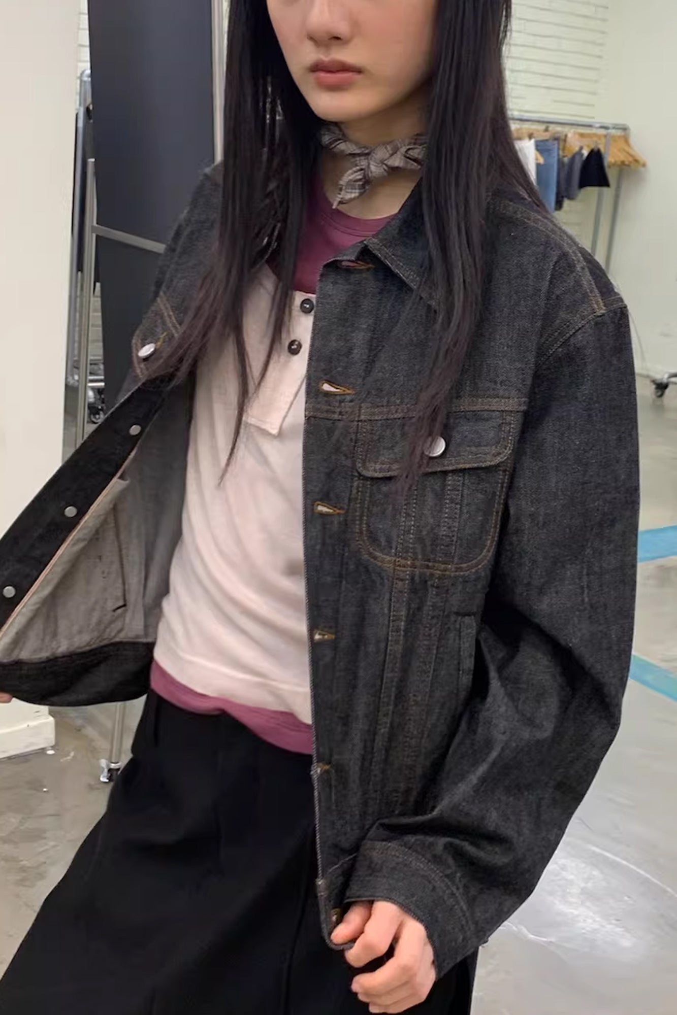 NEVERSEEZ Retro Waist-Tab Dark Denim Jacket