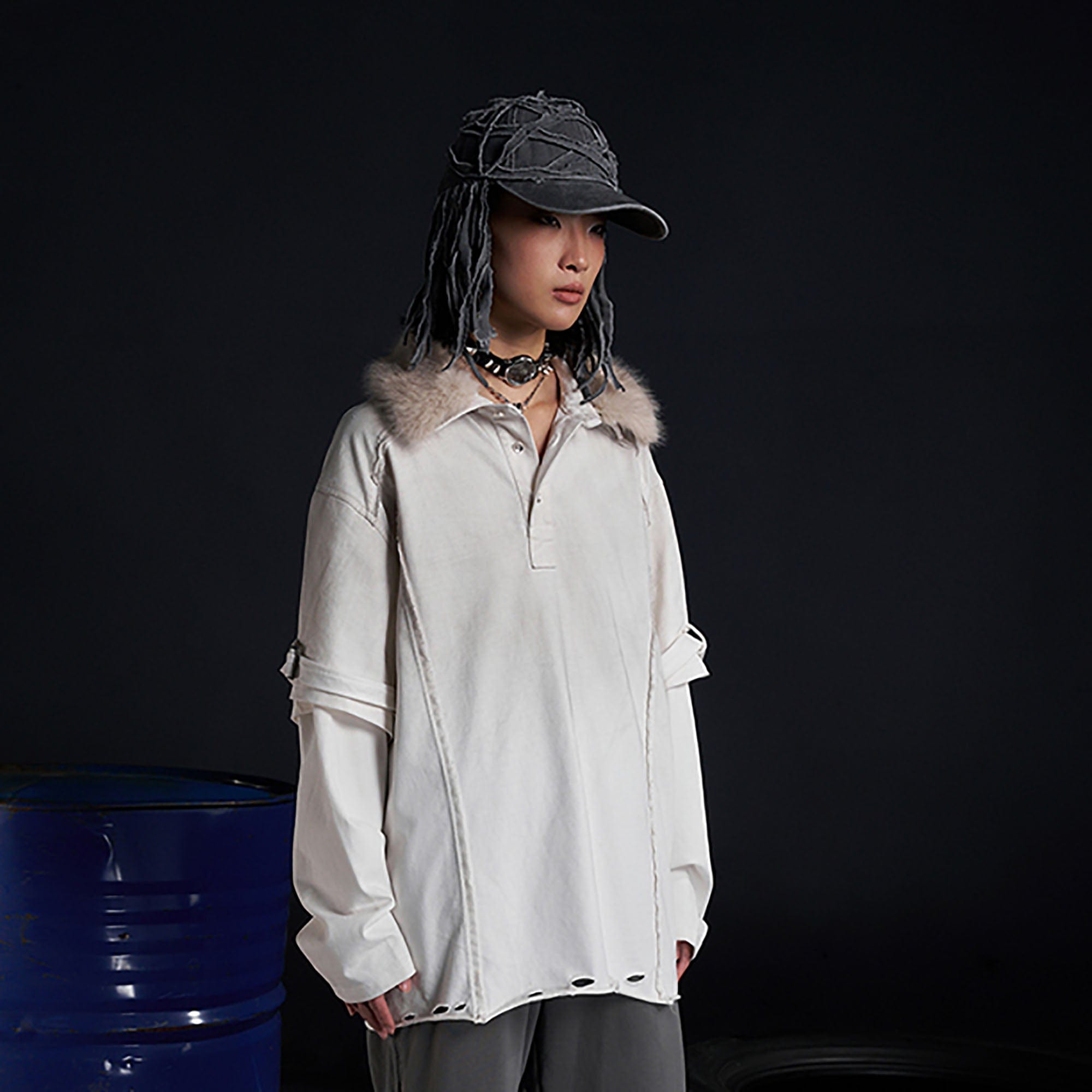 RECOVER ZONE Detachable Faux Fur Collar Long Sleeve Shirt, premium urban and streetwear designers apparel on PROJECTISR.com, RECOVER ZONE