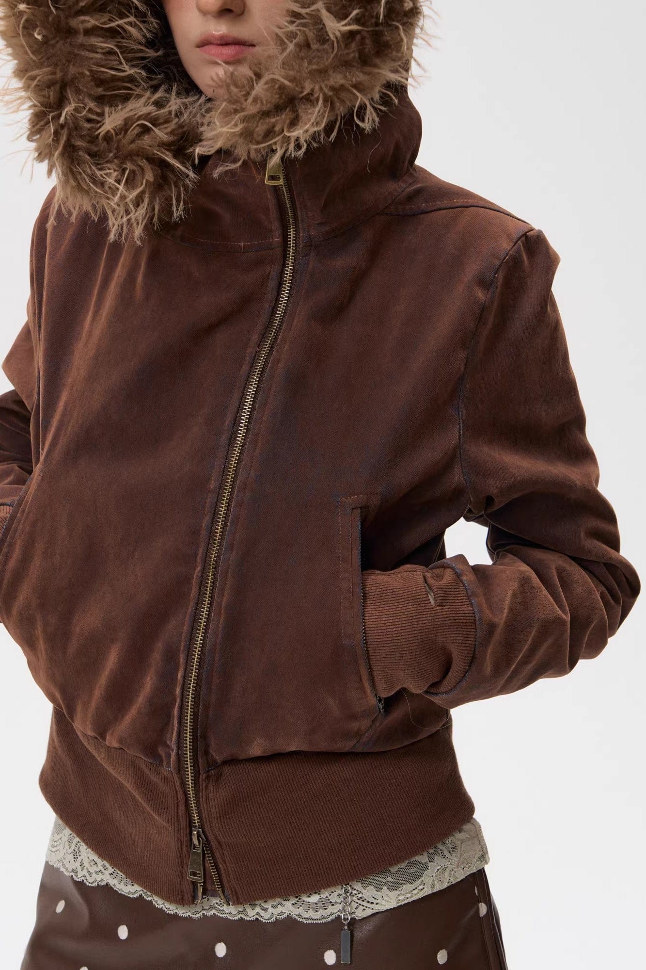 10AMSOTIIIIIIRED Sherpa-Lined Faux Fur Hooded Bomber Jacket