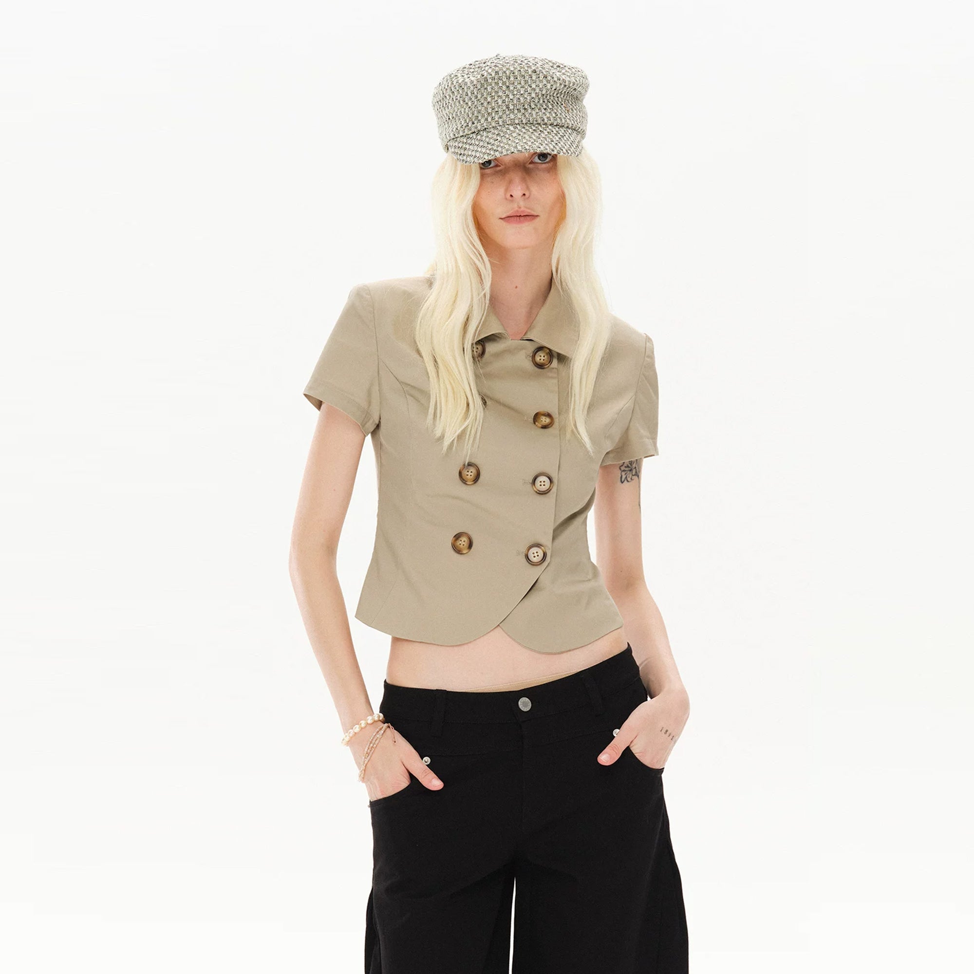 COSTUSTOOT Double-Breasted Cropped Half Shirt