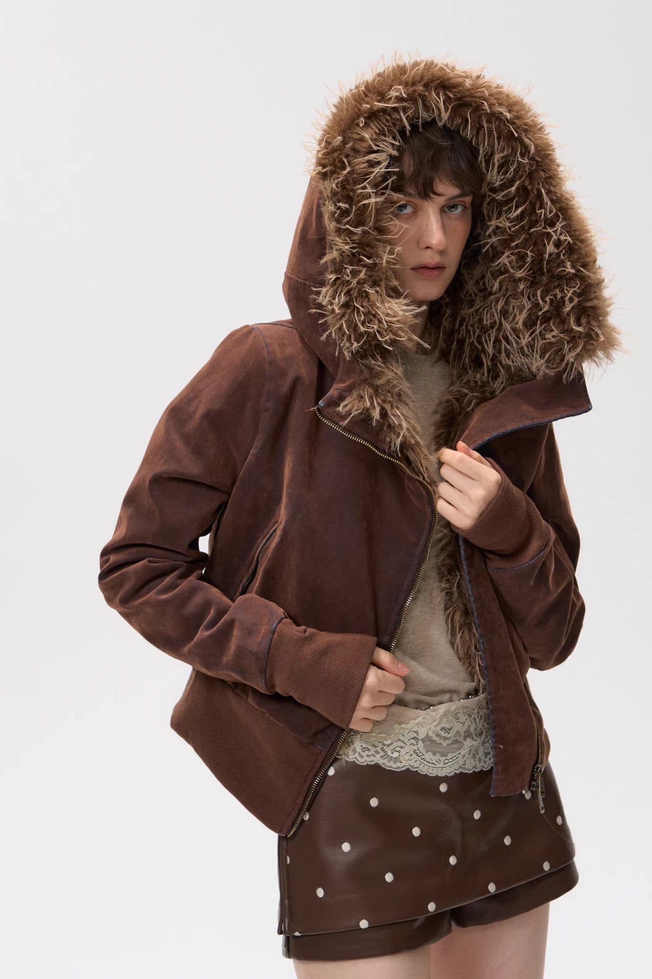 10AMSOTIIIIIIRED Sherpa-Lined Faux Fur Hooded Bomber Jacket