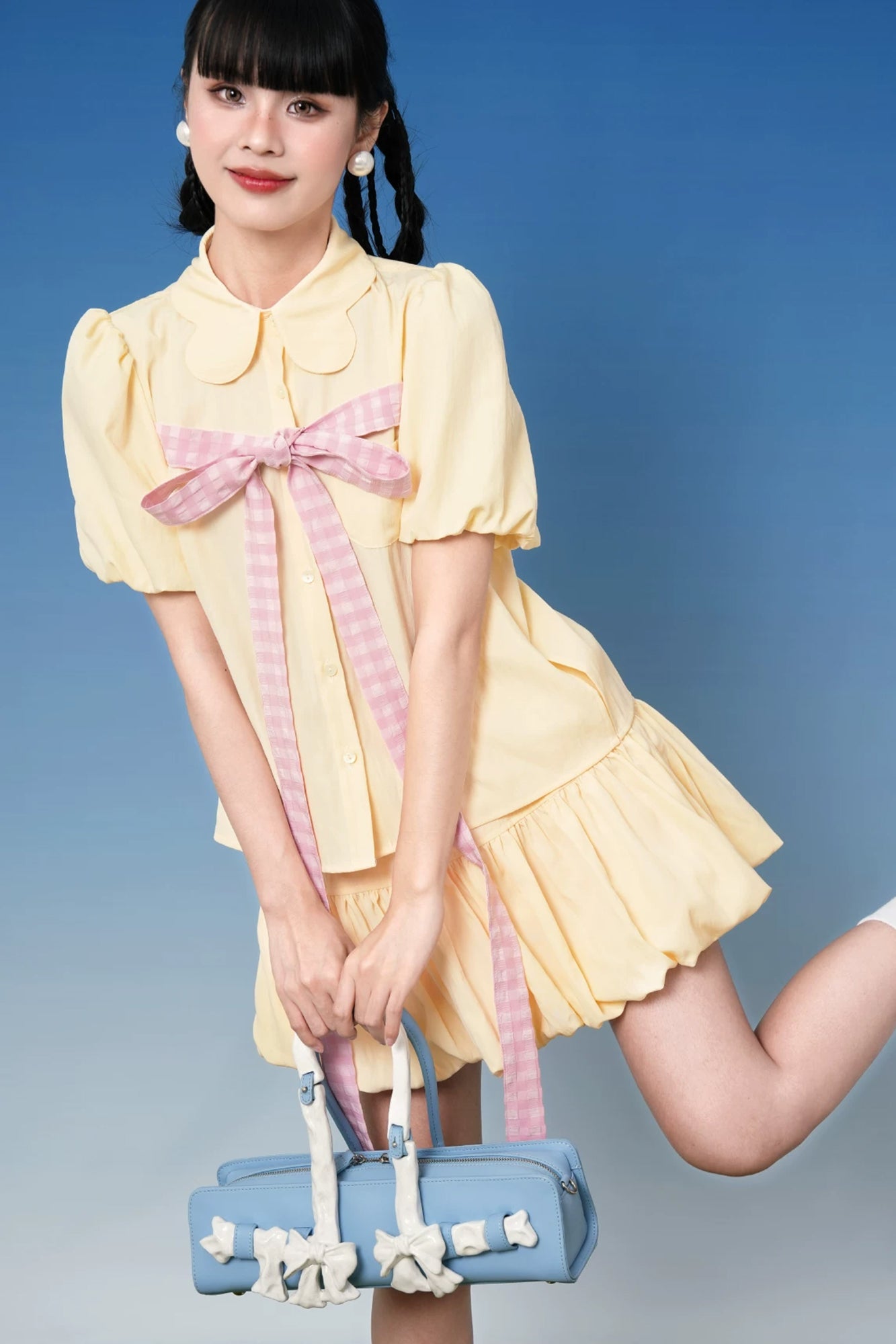 NOPMOB Gingham Bow Half-Shirt & Bubble Hem Skort Set