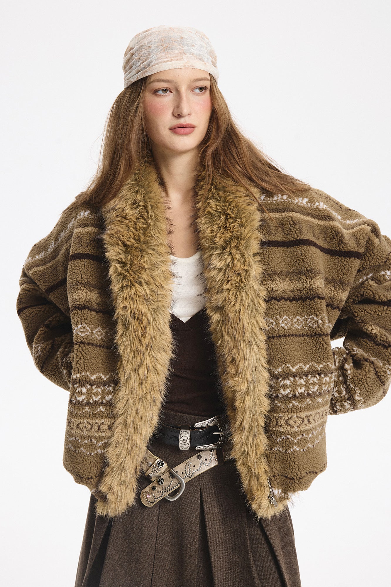 LEONSENSE Detachable Faux Fur Collar Fair Isle Jacket