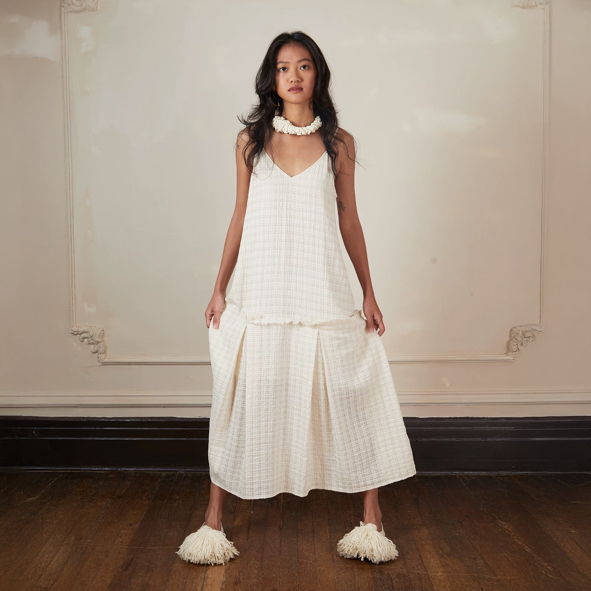 CAIRA Crinkled Frayed Seam Drop-Waist Maxi Dress