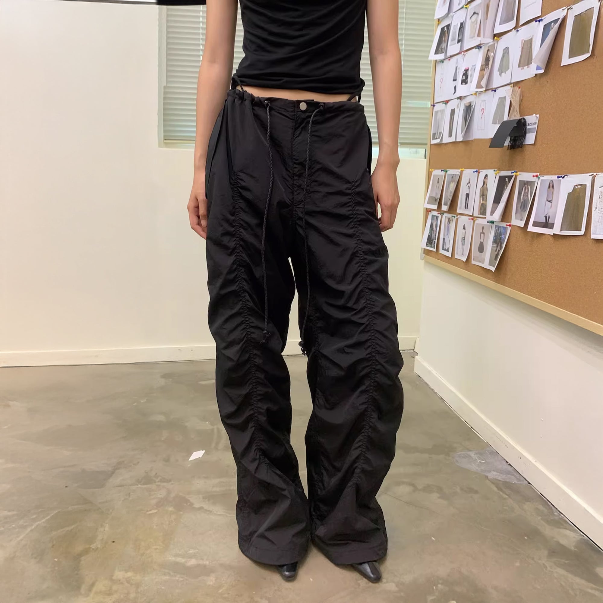 NEVERSEEZ Drawstring Ruched Wide-Leg Utility Pants