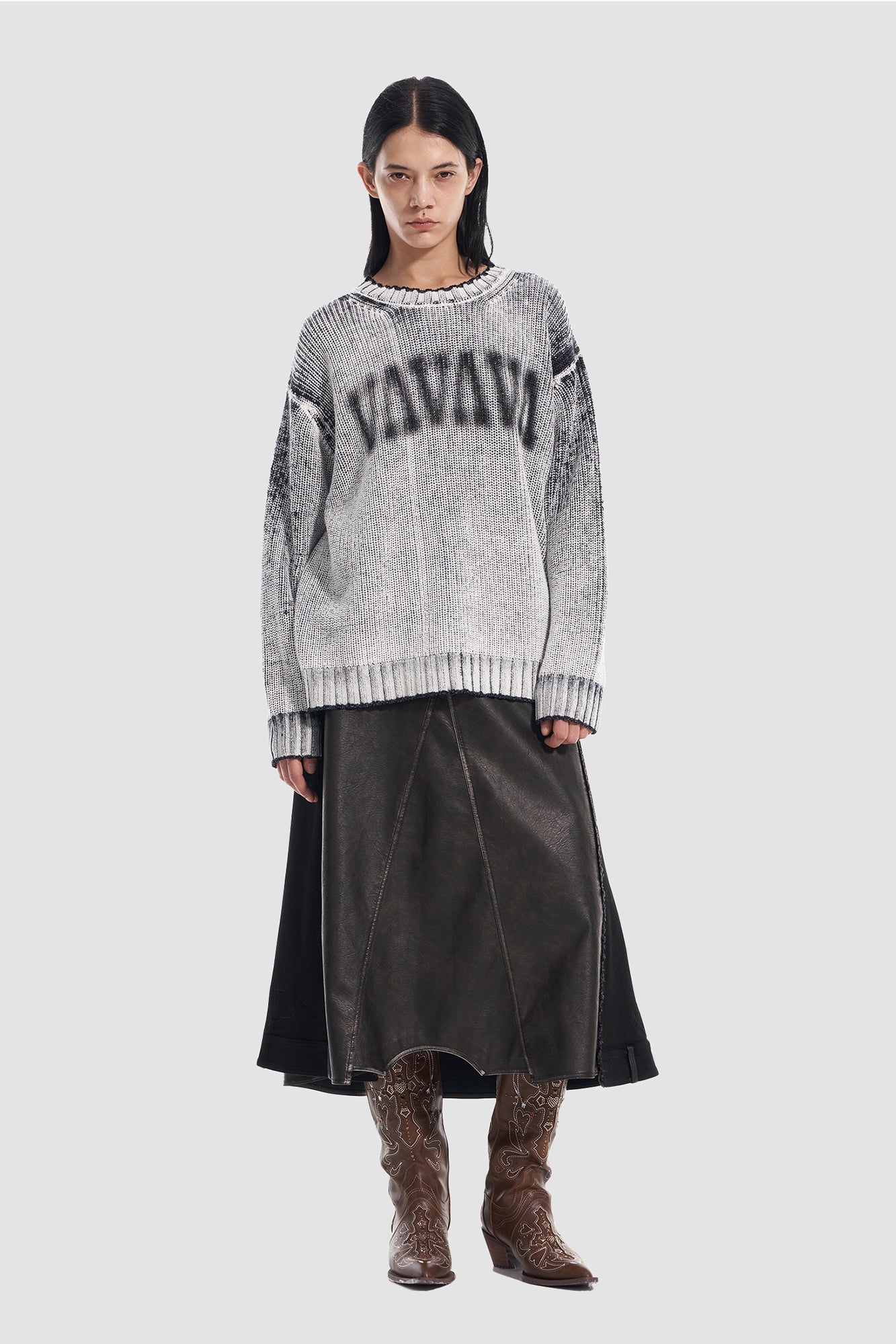 VANN VALRENCE Paneled Frayed Faux Leather A-Line Skirt