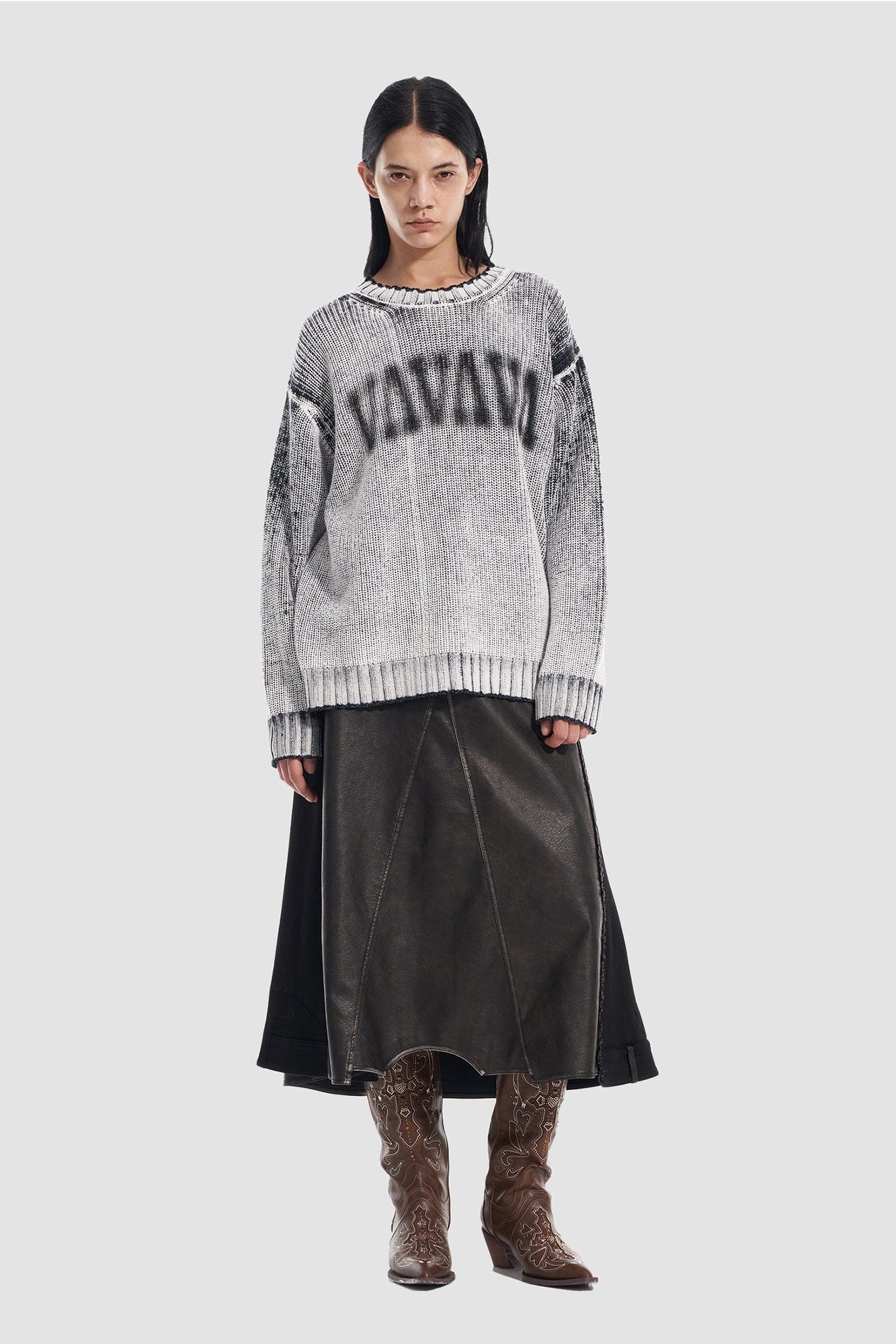 VANN VALRENCE Paneled Frayed Faux Leather A-Line Skirt