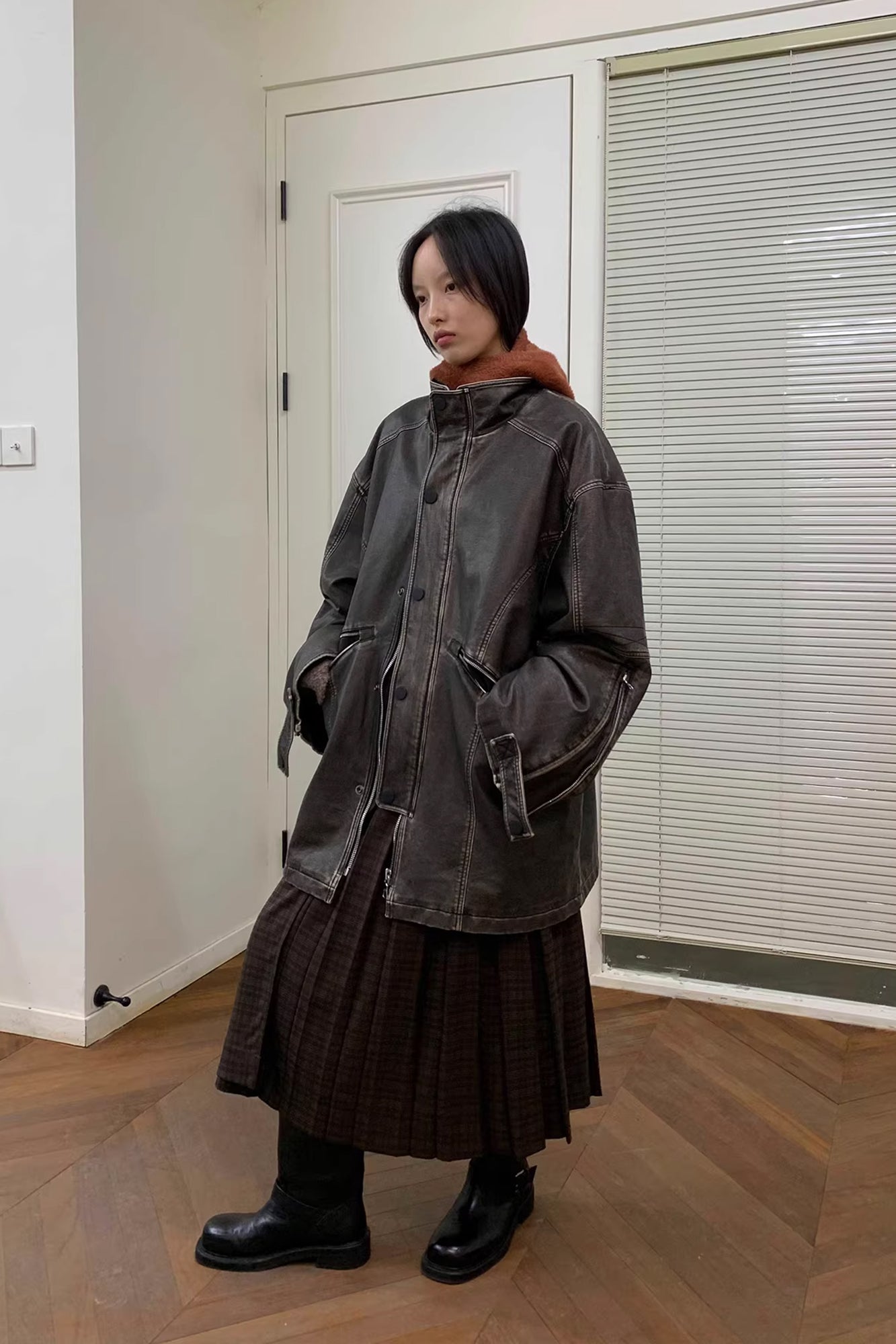 NEVERSEEZ Paneled Faux Leather Washed Utility Jacket